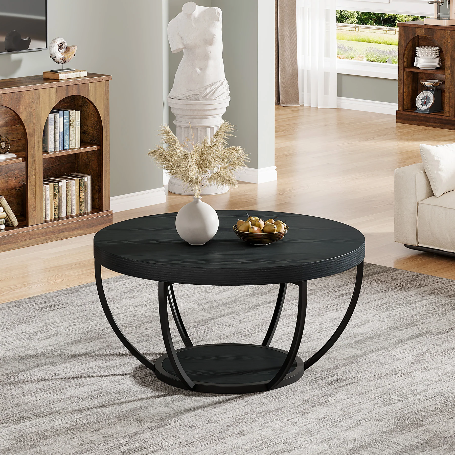 Round Wooden Coffee Table with 2-Tier Shelves - Image 34