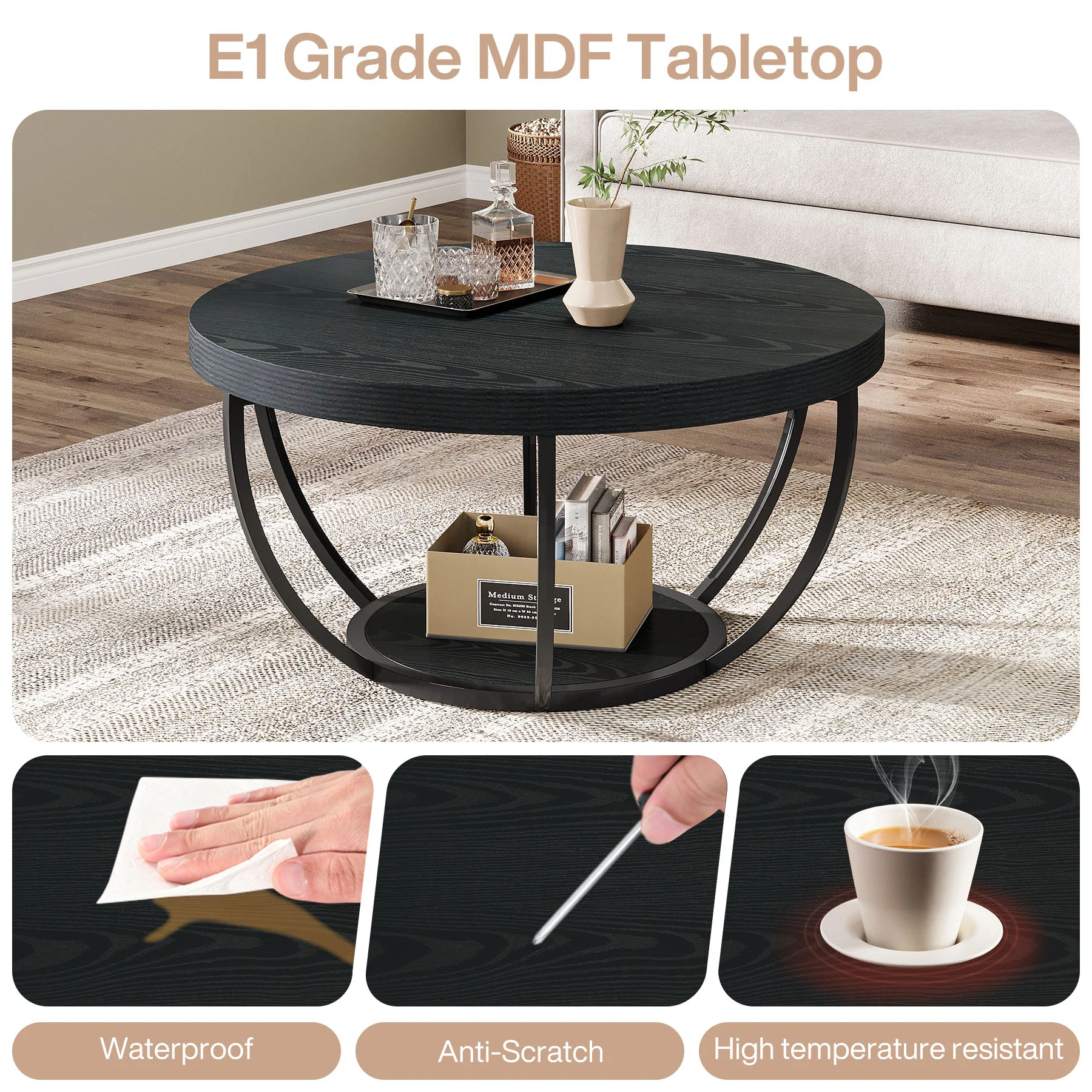 Round Wooden Coffee Table with 2-Tier Shelves - Image 35