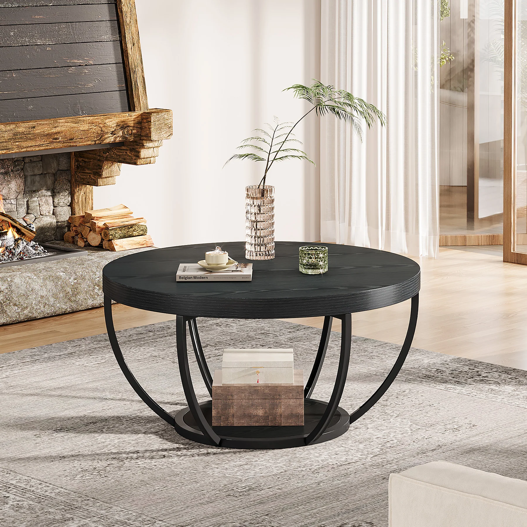 Round Wooden Coffee Table with 2-Tier Shelves - Image 37