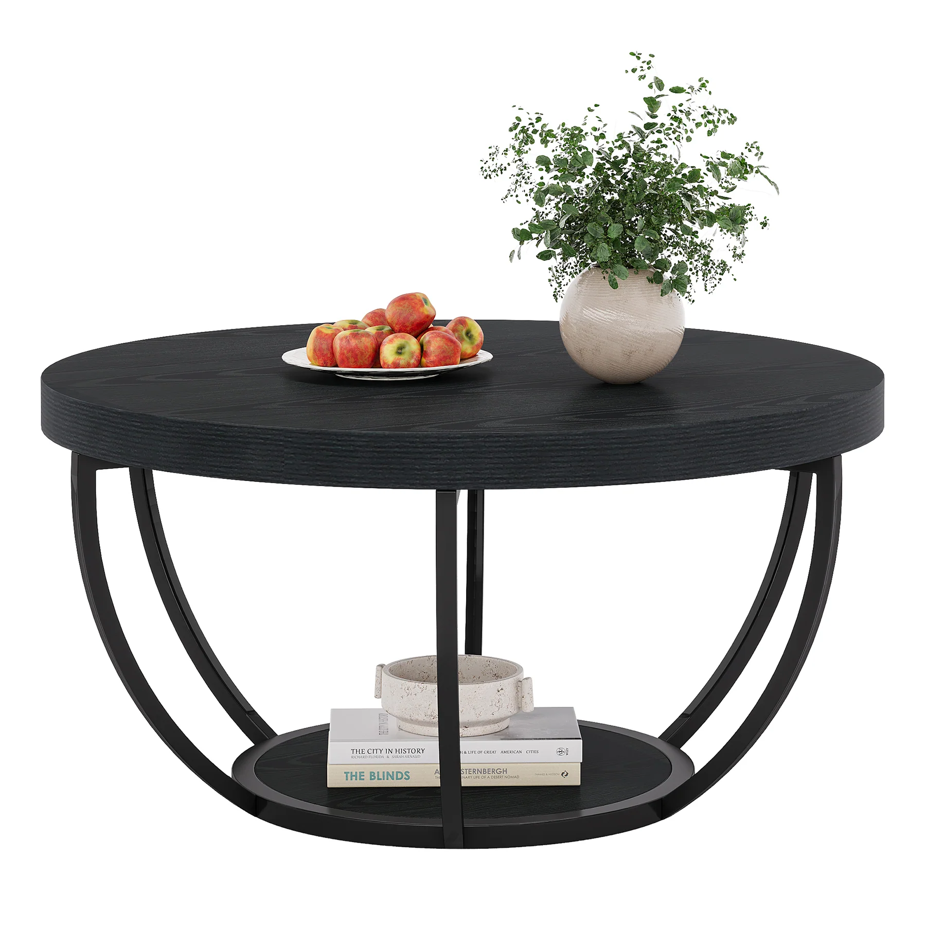 Round Wooden Coffee Table with 2-Tier Shelves - Image 38