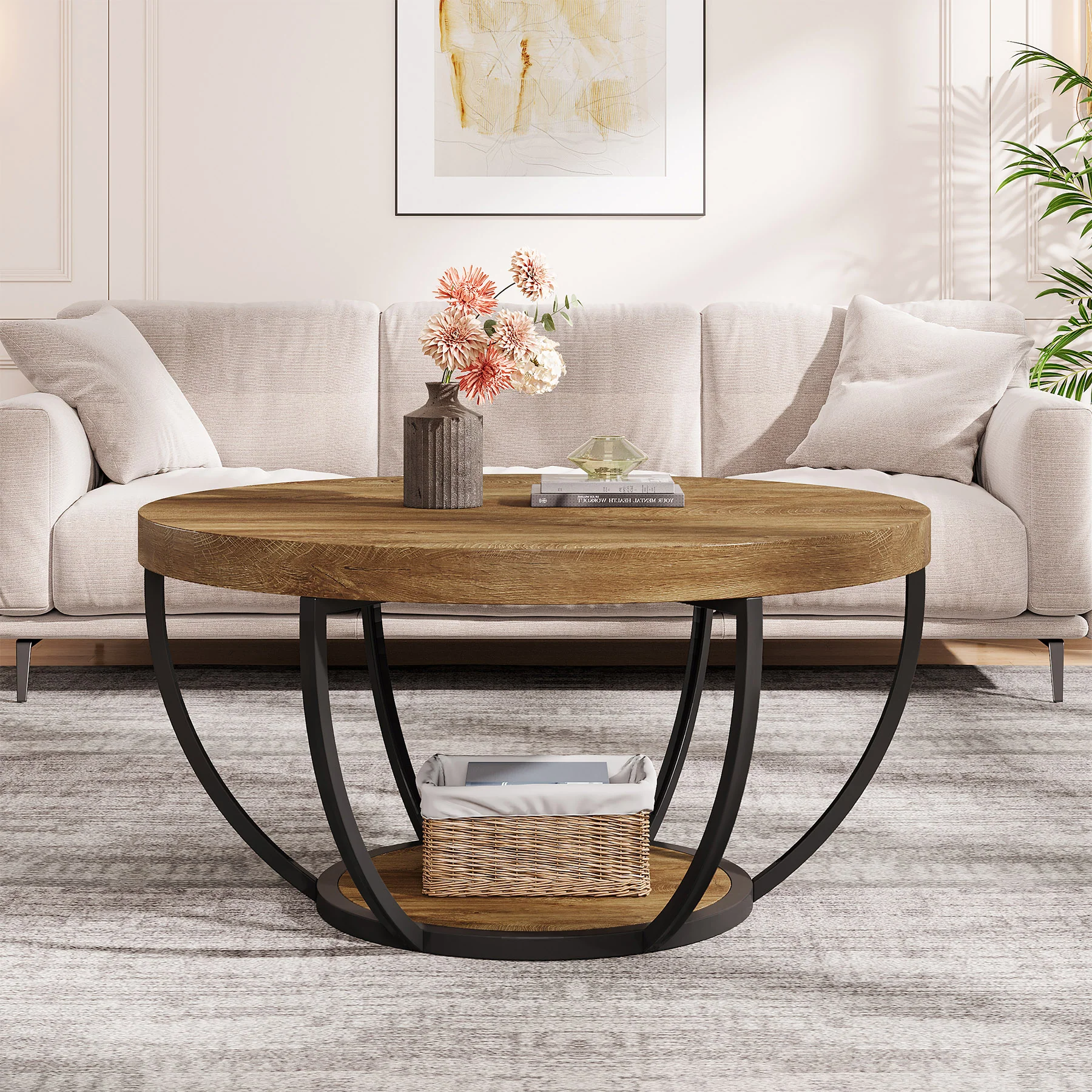 Round Wooden Coffee Table with 2-Tier Shelves - Image 39