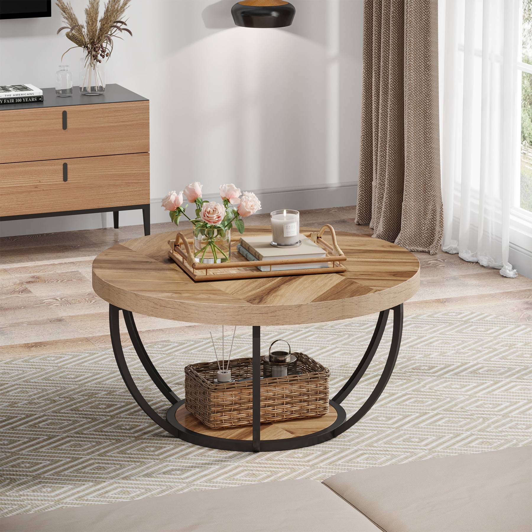 Round Wooden Coffee Table with 2-Tier Shelves - Image 4