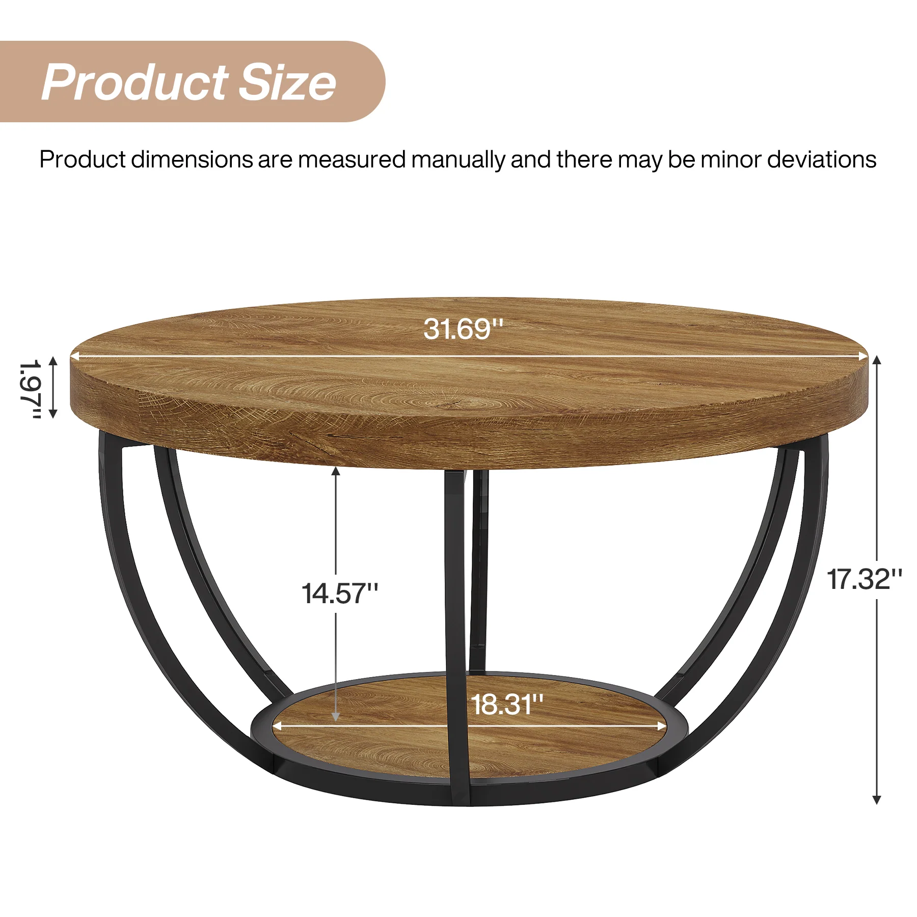 Round Wooden Coffee Table with 2-Tier Shelves - Image 40