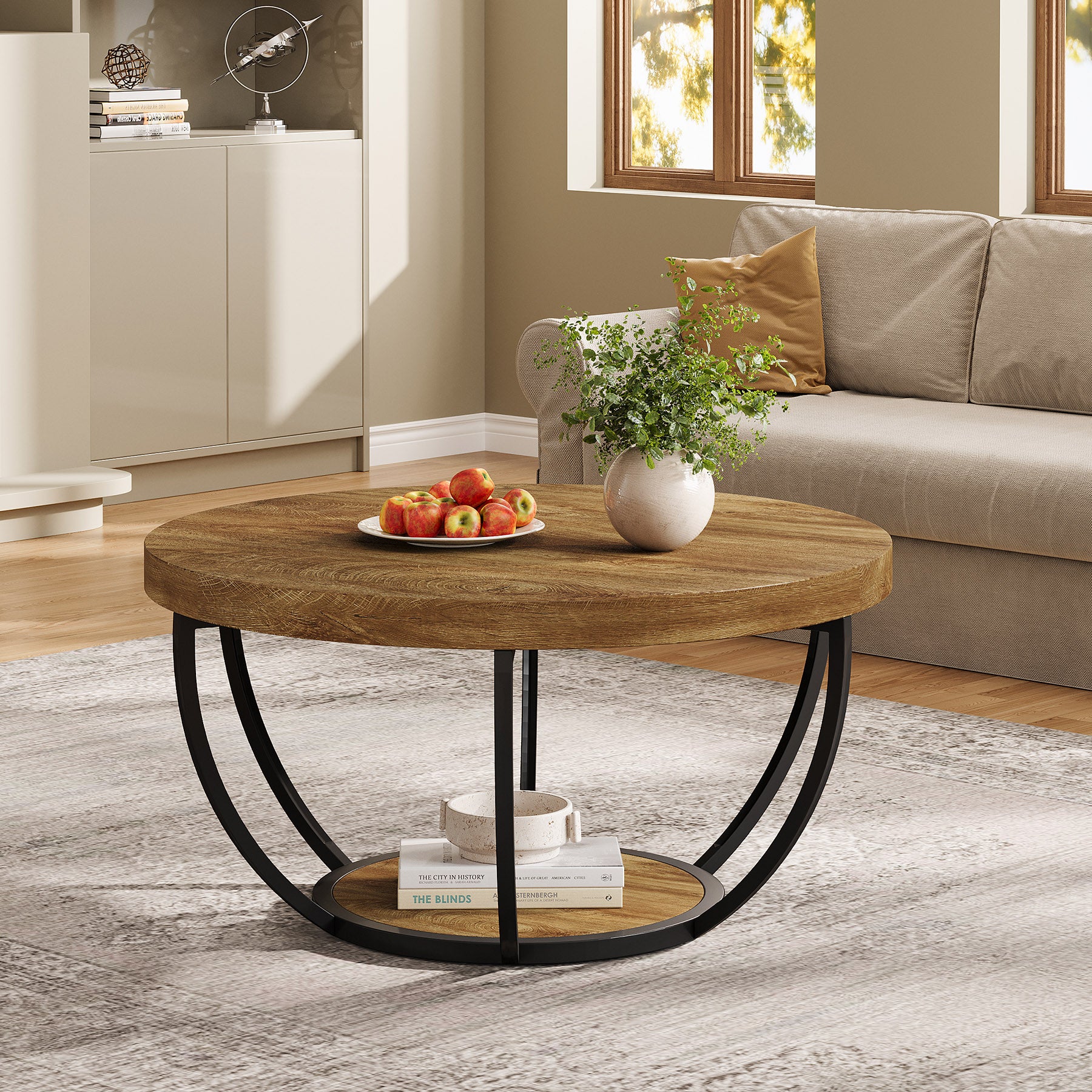 Round Wooden Coffee Table with 2-Tier Shelves - Image 41
