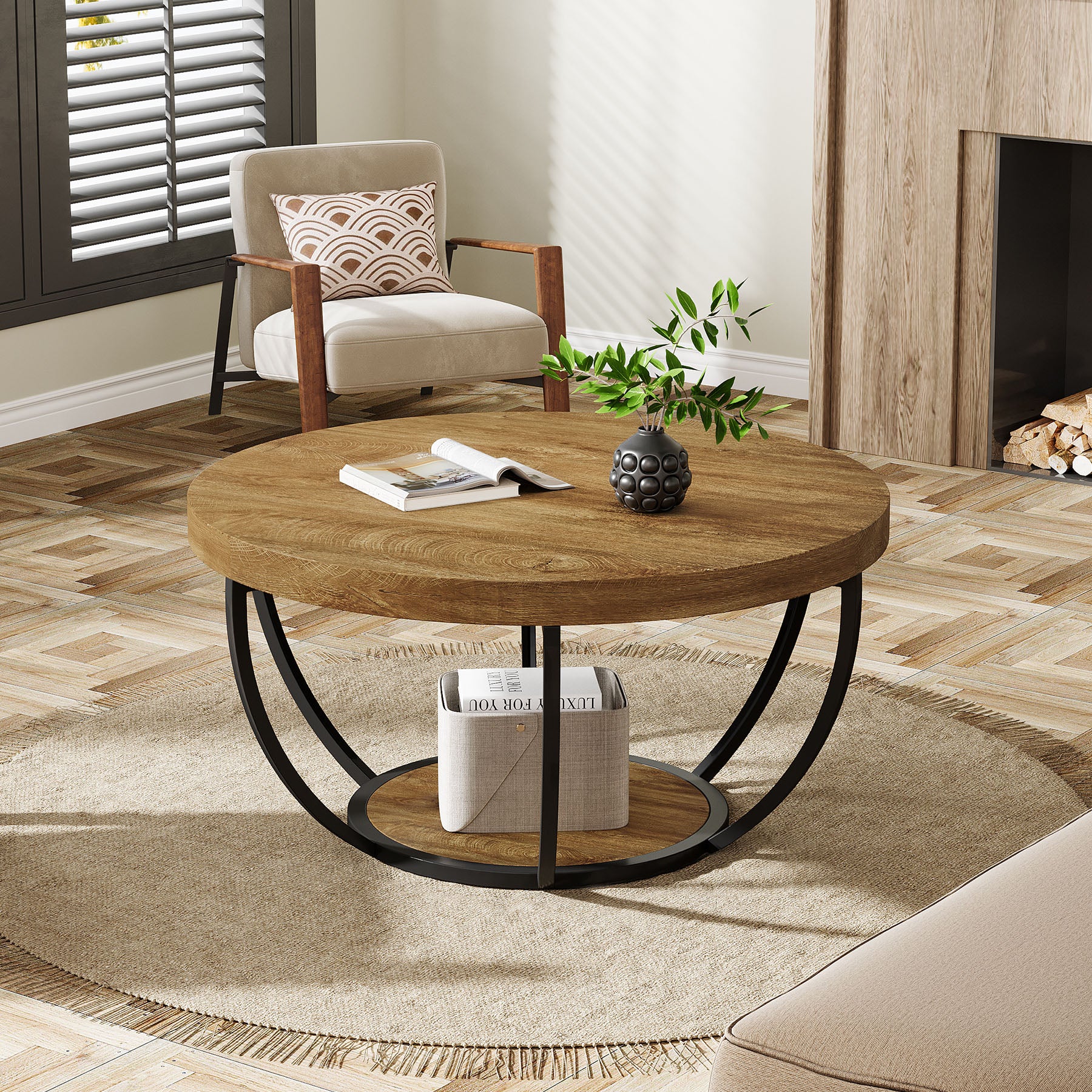 Round Wooden Coffee Table with 2-Tier Shelves - Image 42