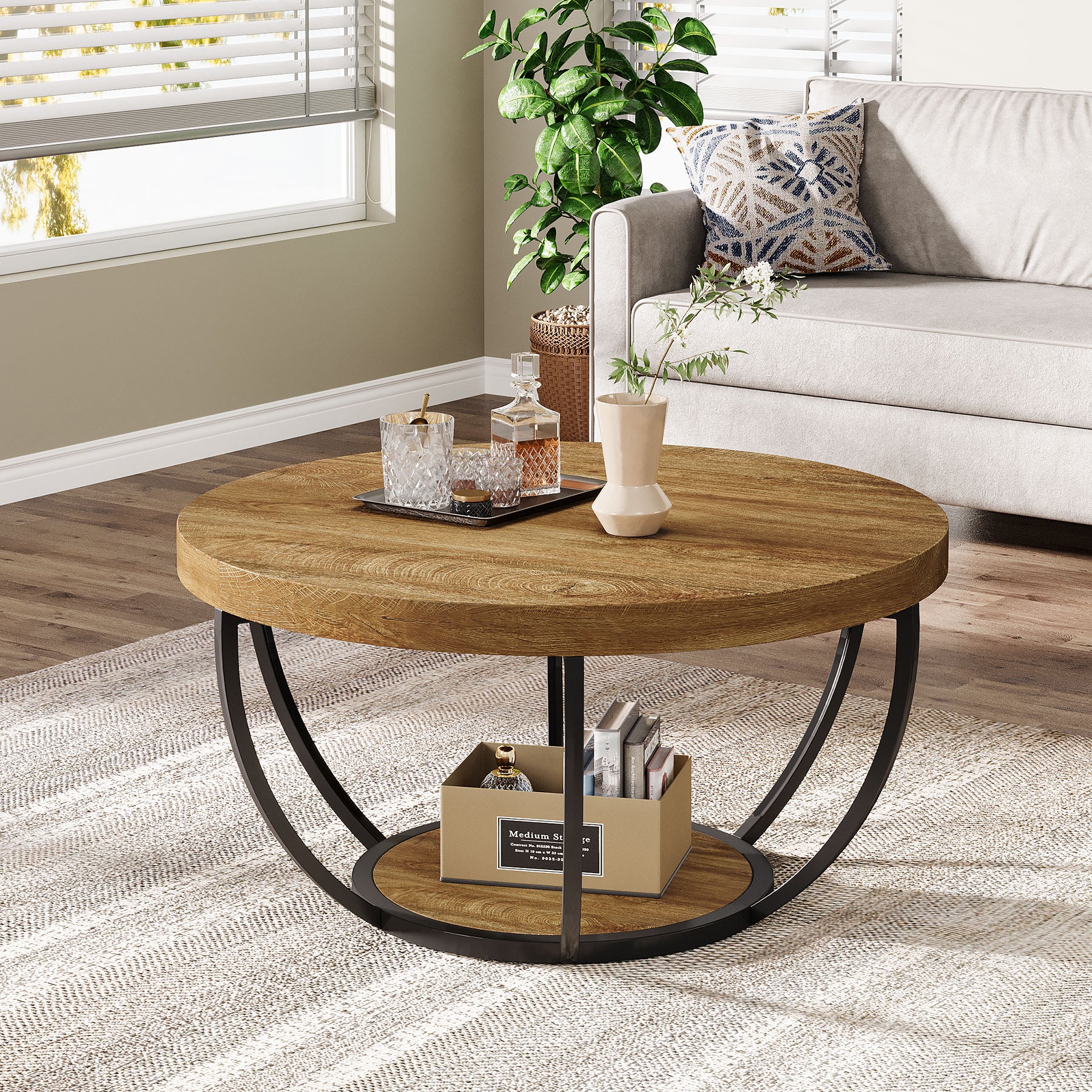 Round Wooden Coffee Table with 2-Tier Shelves - Image 43
