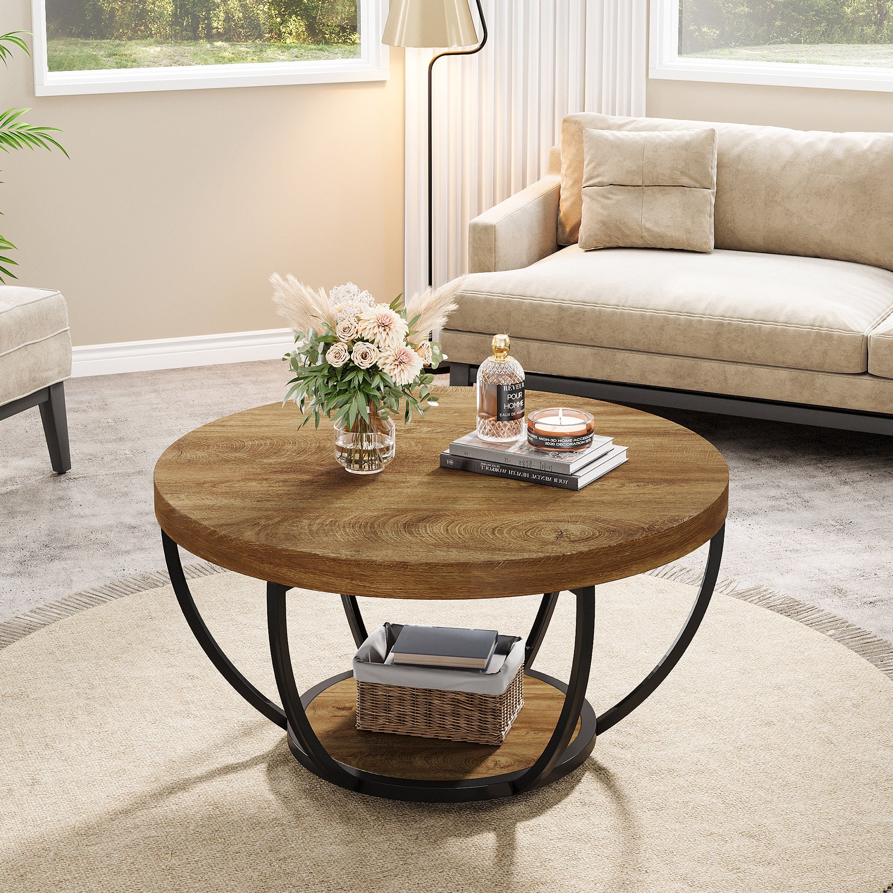 Round Wooden Coffee Table with 2-Tier Shelves - Image 44