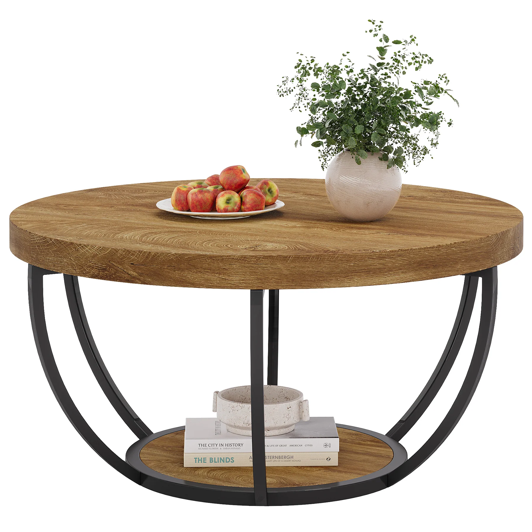 Round Wooden Coffee Table with 2-Tier Shelves - Image 45