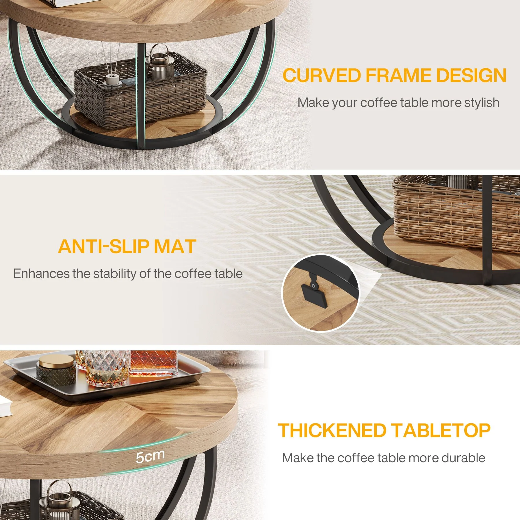 Round Wooden Coffee Table with 2-Tier Shelves - Image 5