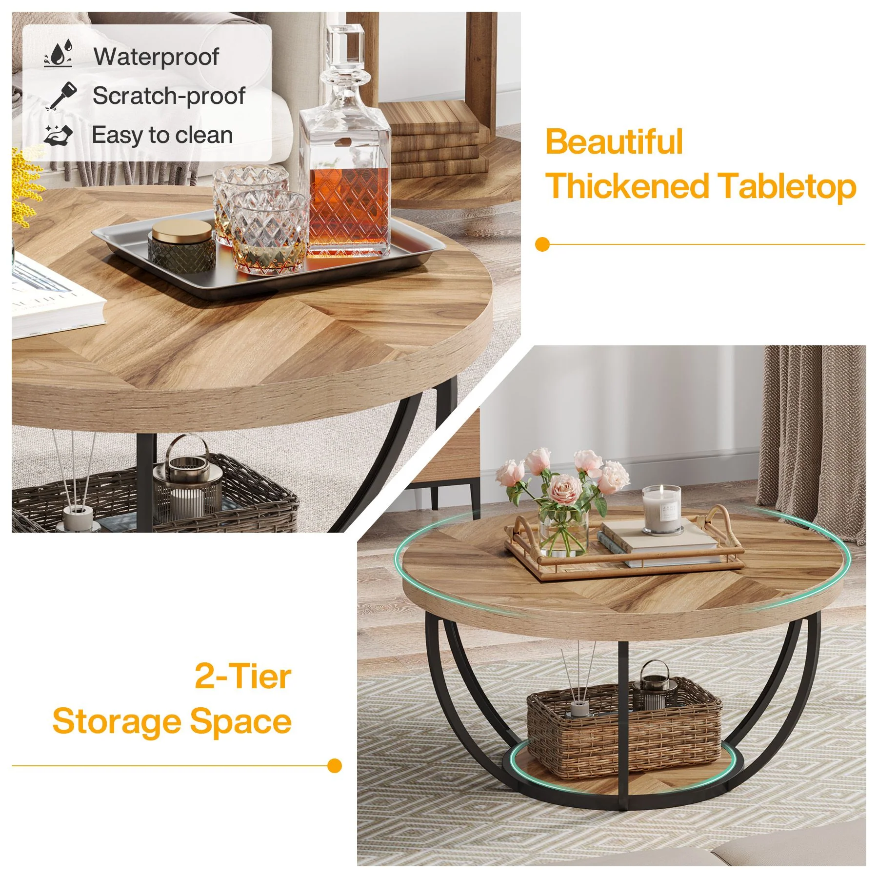 Round Wooden Coffee Table with 2-Tier Shelves - Image 6