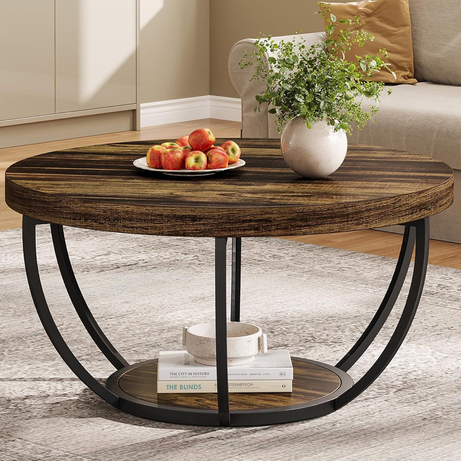 Round Wooden Coffee Table with 2-Tier Shelves - Image 7