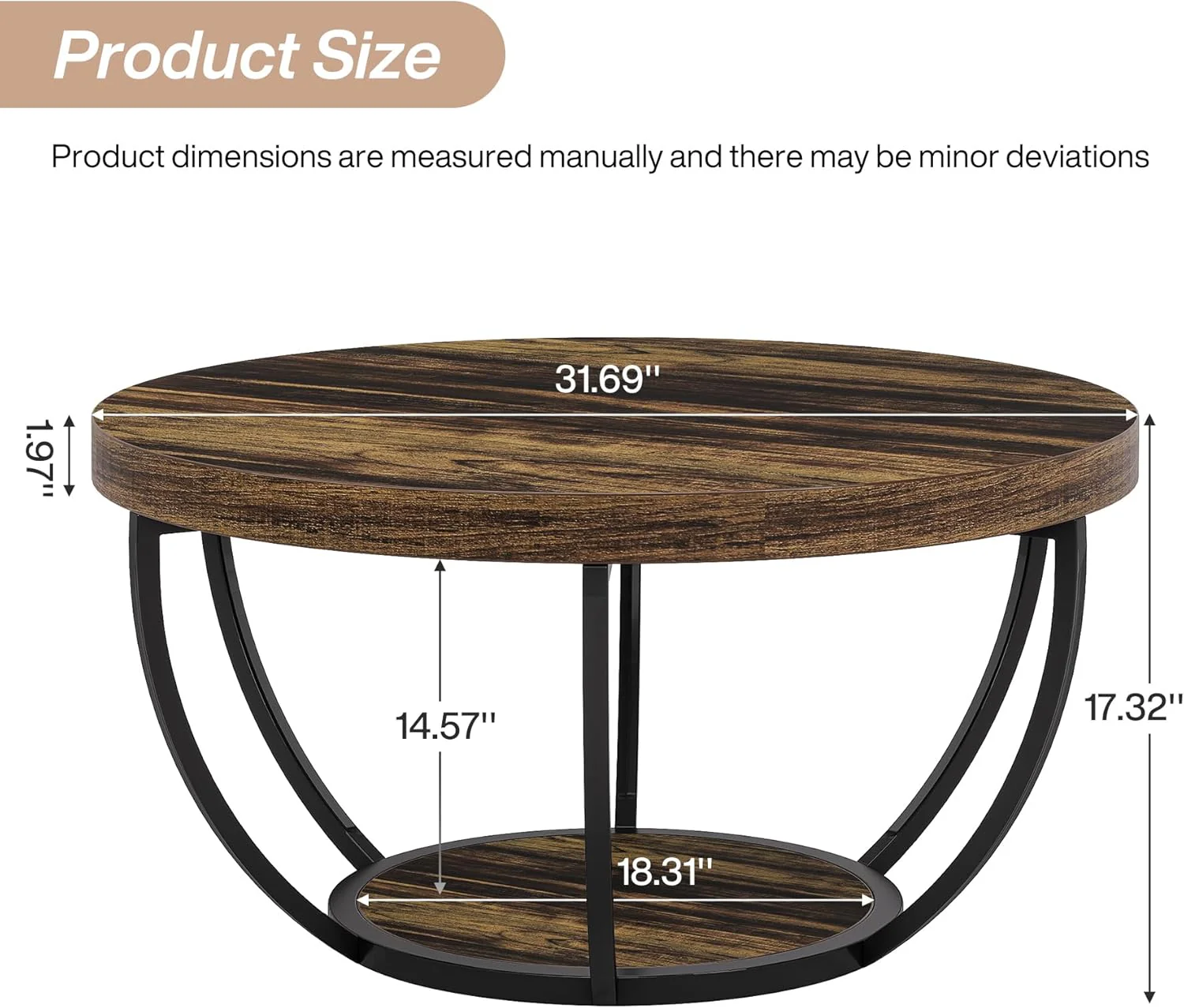 Round Wooden Coffee Table with 2-Tier Shelves - Image 8