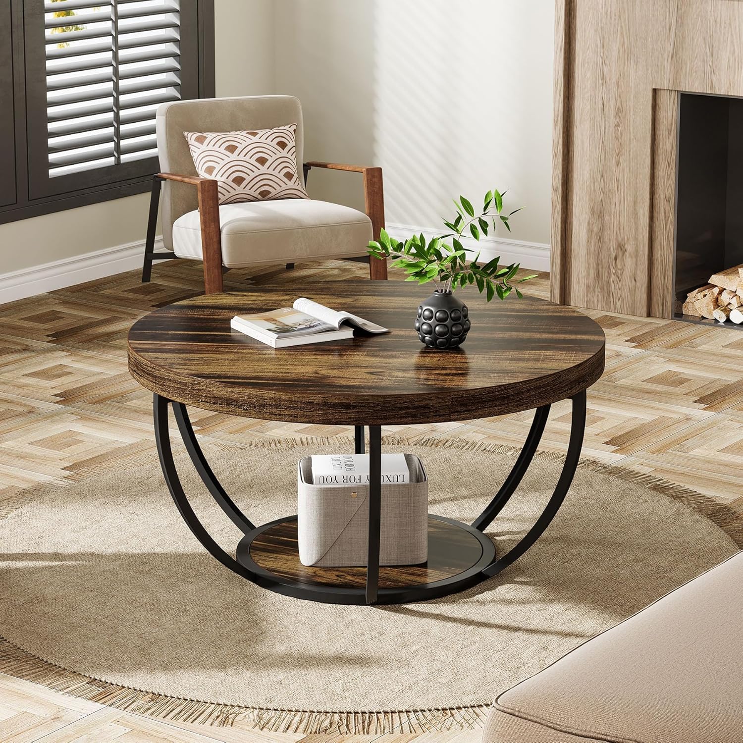 Round Wooden Coffee Table with 2-Tier Shelves - Image 9