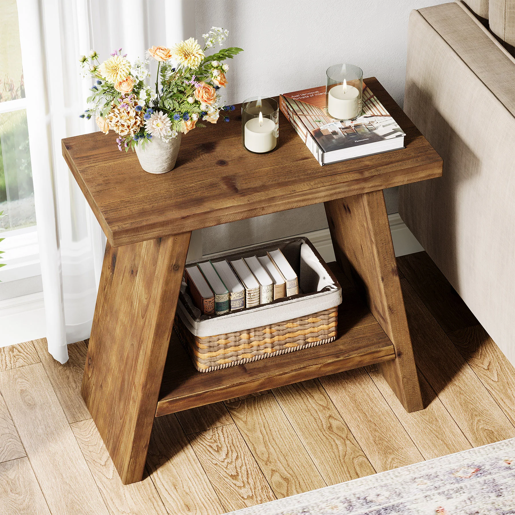 Tribesigns 23.62" Solid Wood End Table, 2-Tier Nightstand for Living Room and Bedroom - Image 10