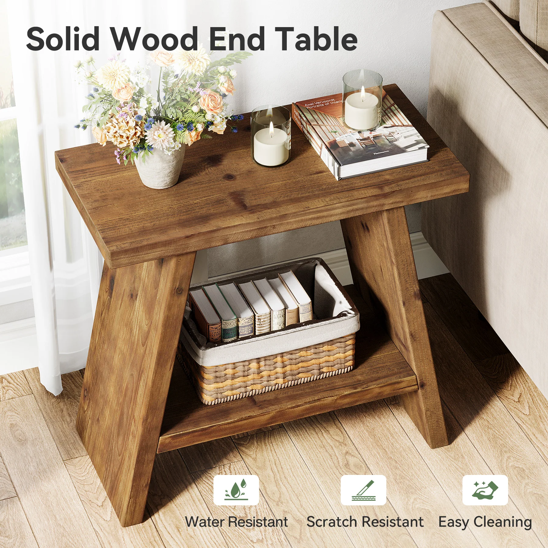 Tribesigns 23.62" Solid Wood End Table, 2-Tier Nightstand for Living Room and Bedroom - Image 3