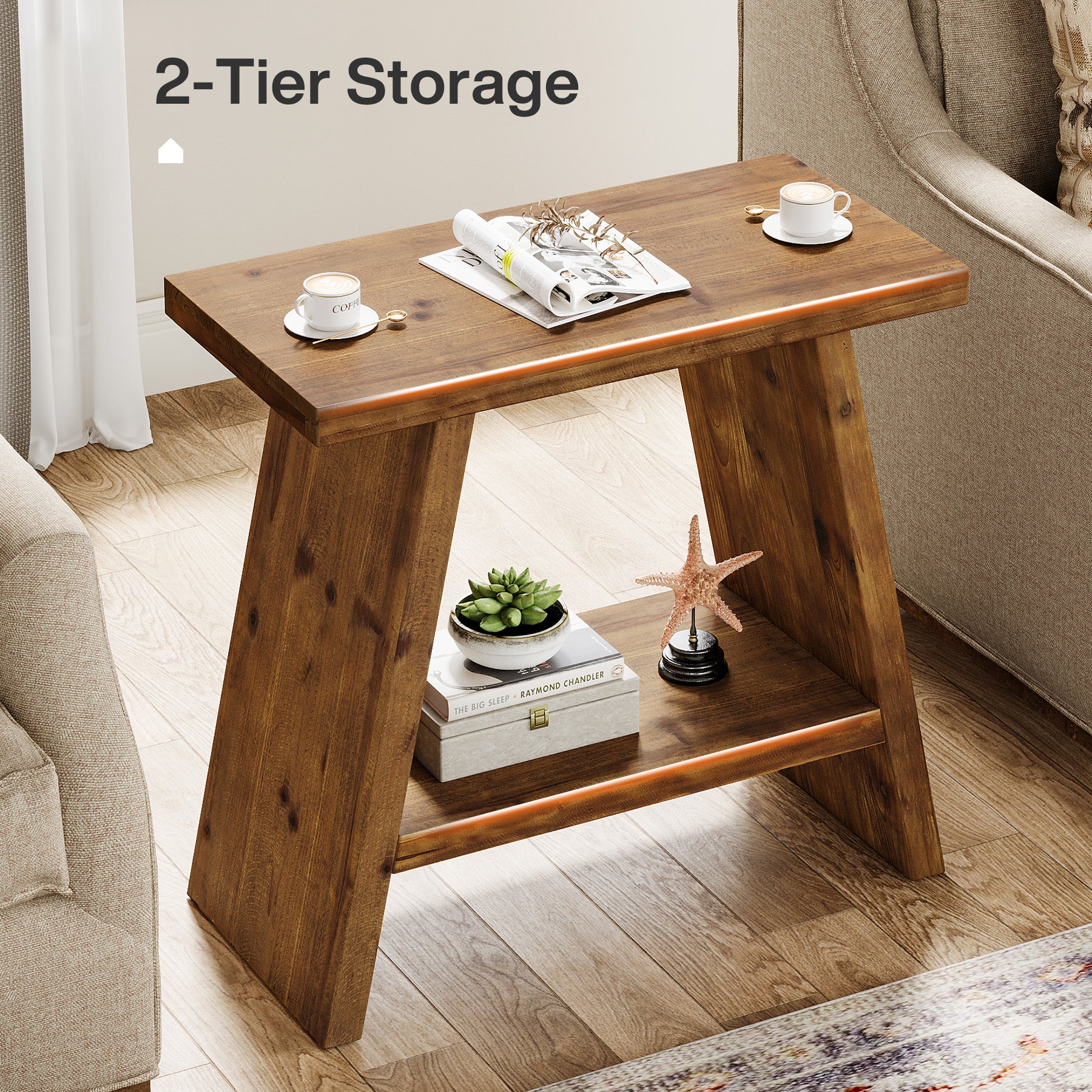 Tribesigns 23.62" Solid Wood End Table, 2-Tier Nightstand for Living Room and Bedroom - Image 4