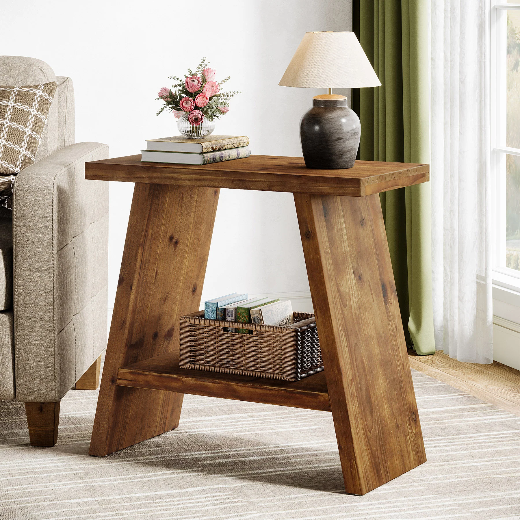 Tribesigns 23.62" Solid Wood End Table, 2-Tier Nightstand for Living Room and Bedroom - Image 6