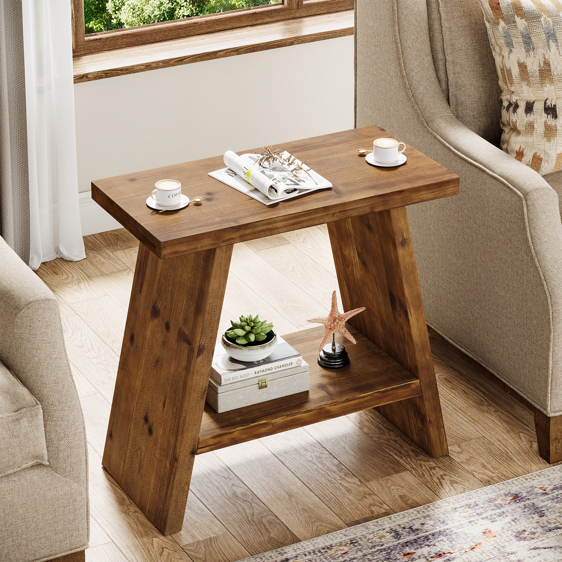 Tribesigns 23.62" Solid Wood End Table, 2-Tier Nightstand for Living Room and Bedroom - Image 8
