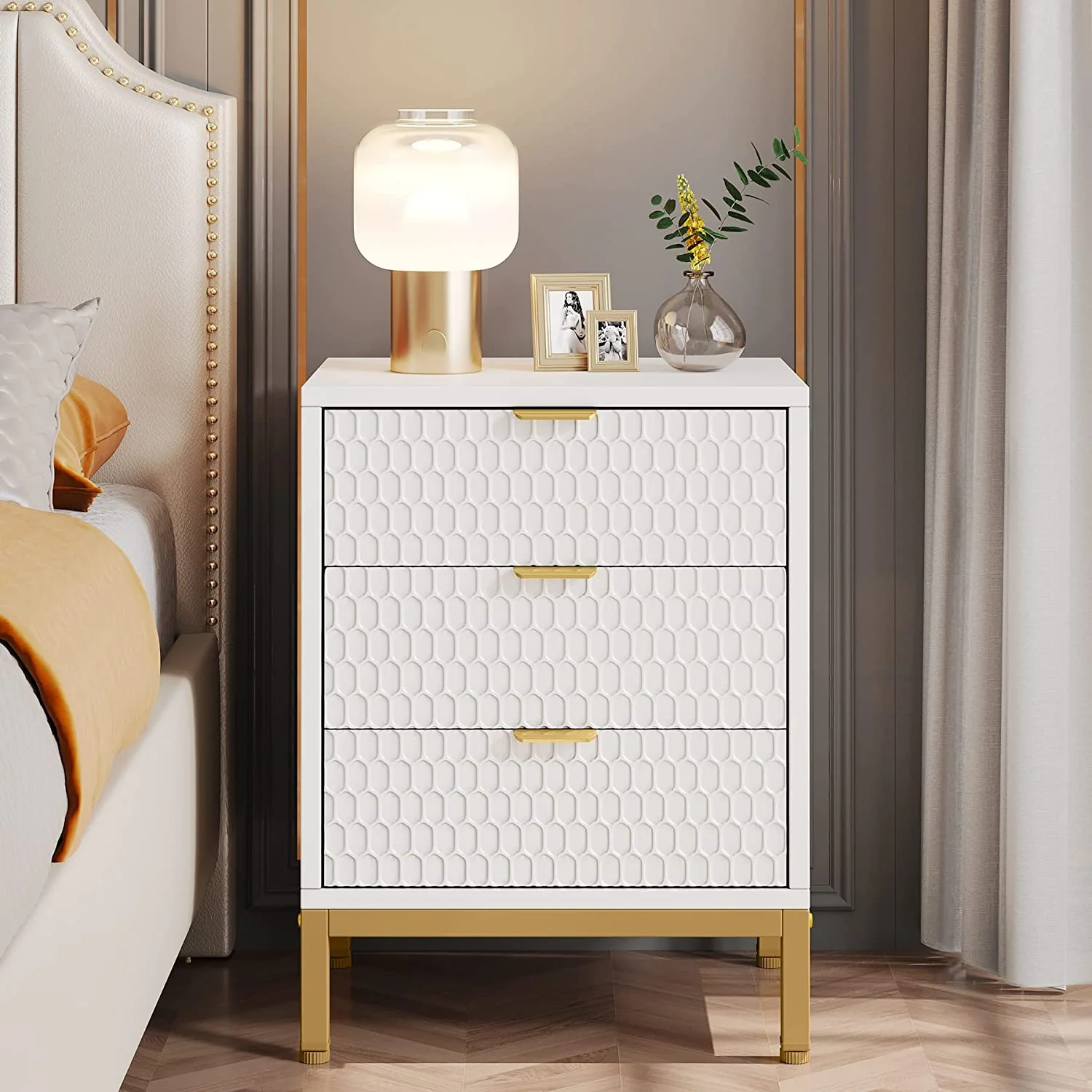 Modern Nightstand, 25.8" Tall Bedside Table with 3 Drawers - Image 3