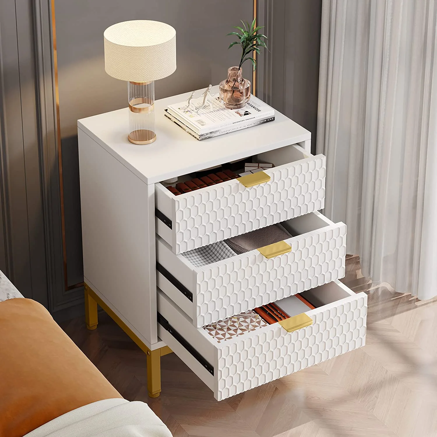 Modern Nightstand, 25.8" Tall Bedside Table with 3 Drawers - Image 4