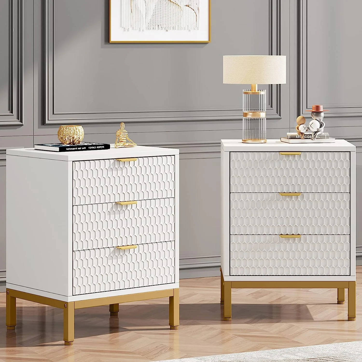 Modern Nightstand, 25.8" Tall Bedside Table with 3 Drawers - Image 8