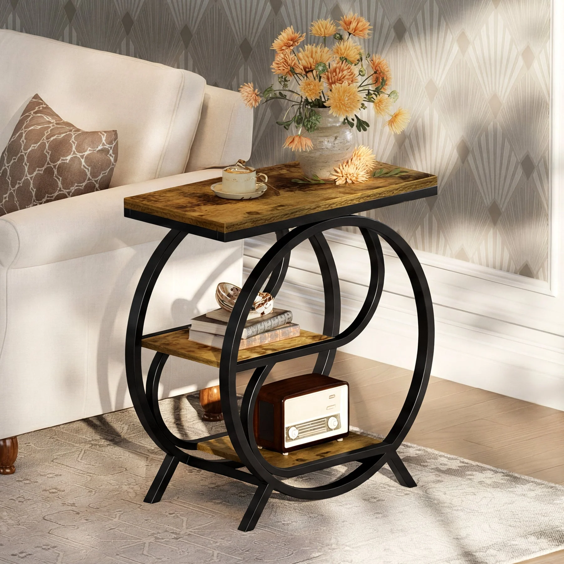 3-Tier Industrial End Table with Shelves, Rustic Side Table Nightstand
