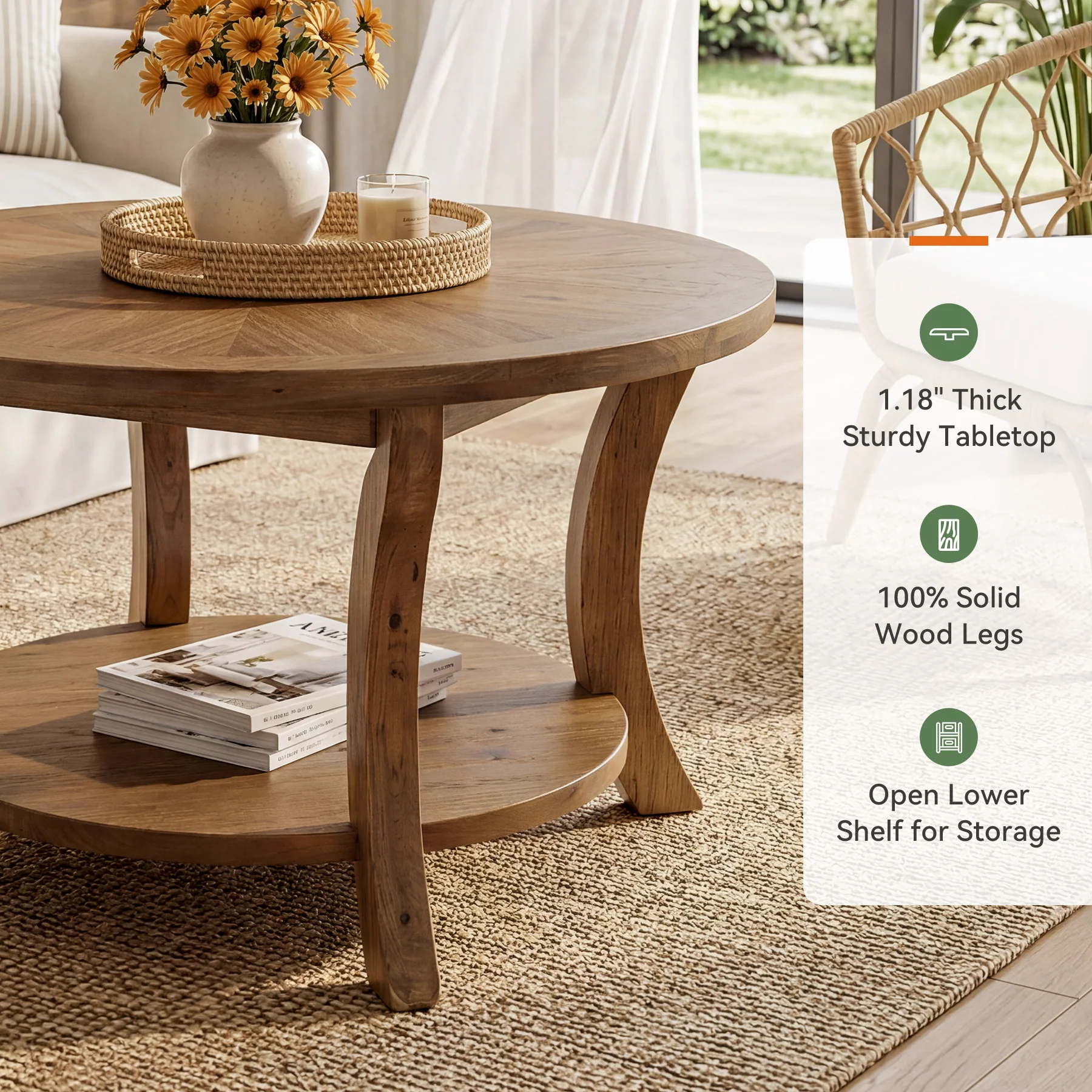 Tribesigns 31.5-Inch Round Coffee Table, Solid Wood Table with Shelf - Image 3