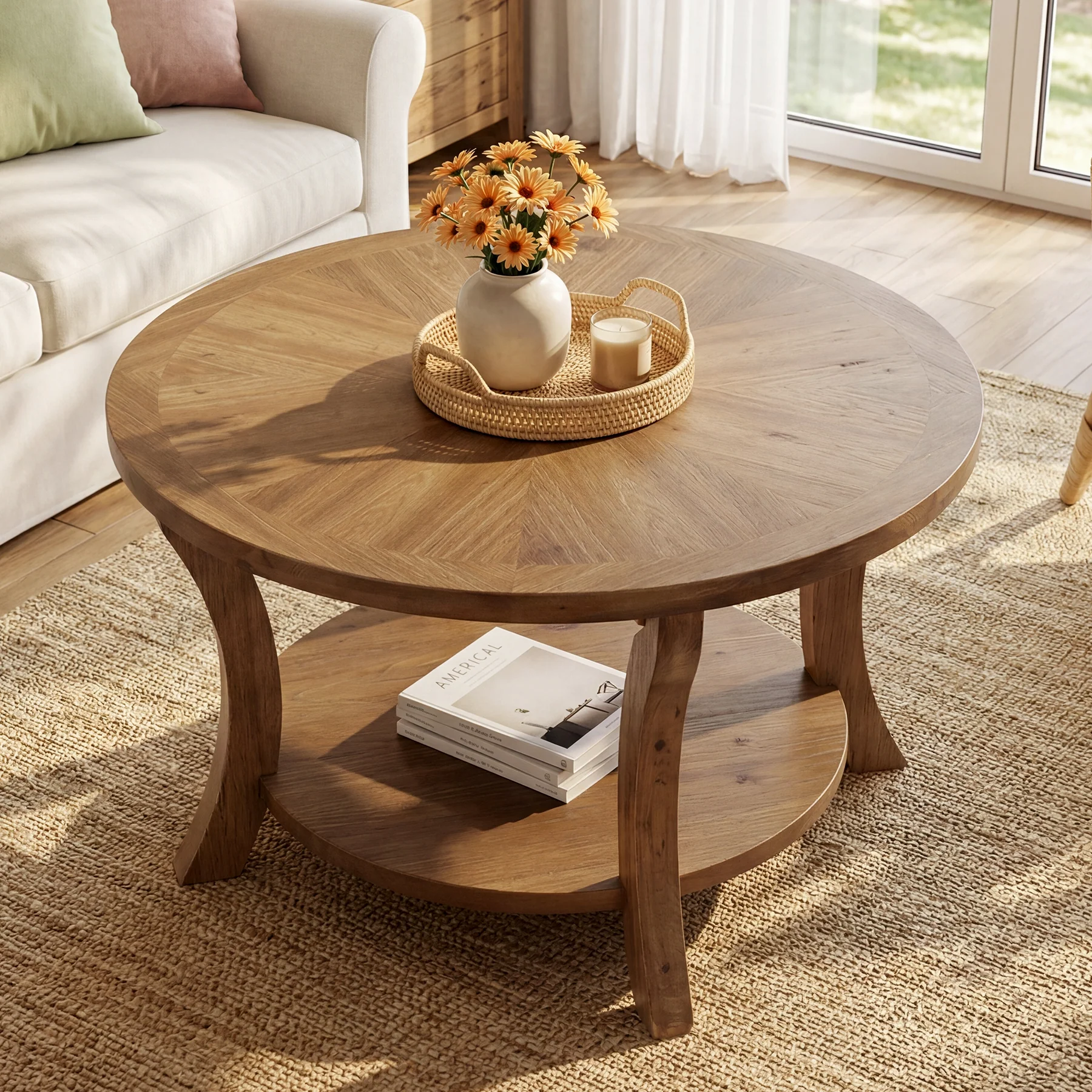 Tribesigns 31.5-Inch Round Coffee Table, Solid Wood Table with Shelf - Image 5