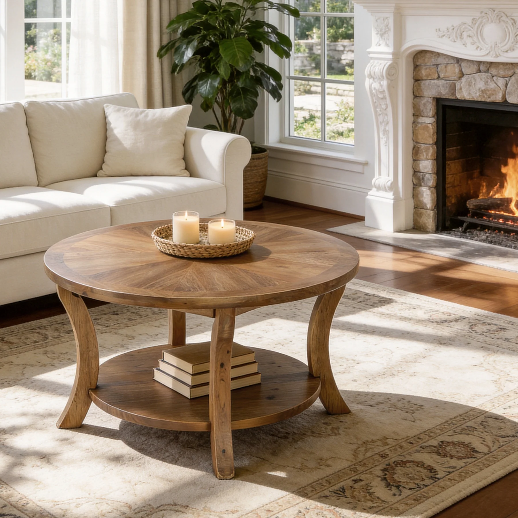 Tribesigns 31.5-Inch Round Coffee Table, Solid Wood Table with Shelf - Image 8