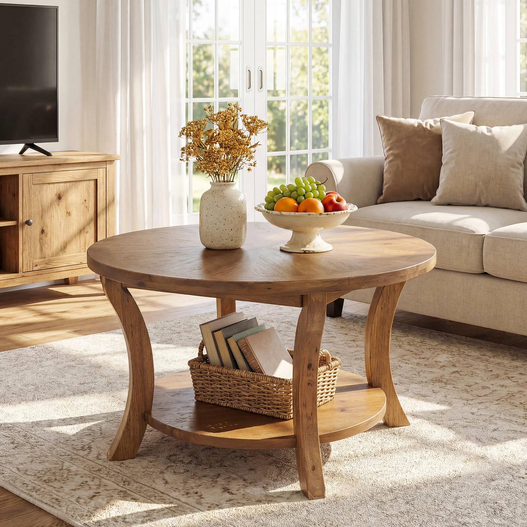 Tribesigns 31.5-Inch Round Coffee Table, Solid Wood Table with Shelf - Image 9