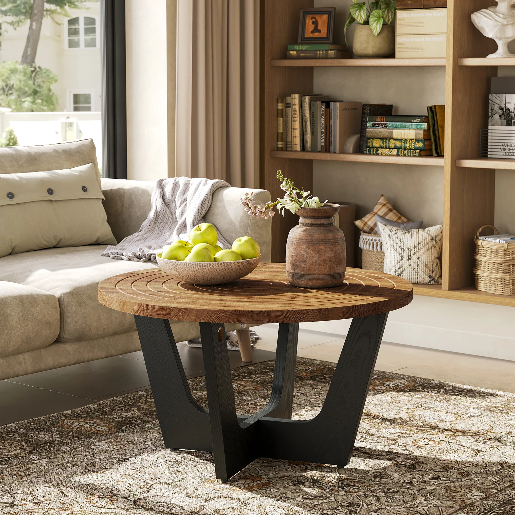 31.5-Inch Round Solid Wood Coffee Table with Ring Groove - Image 3