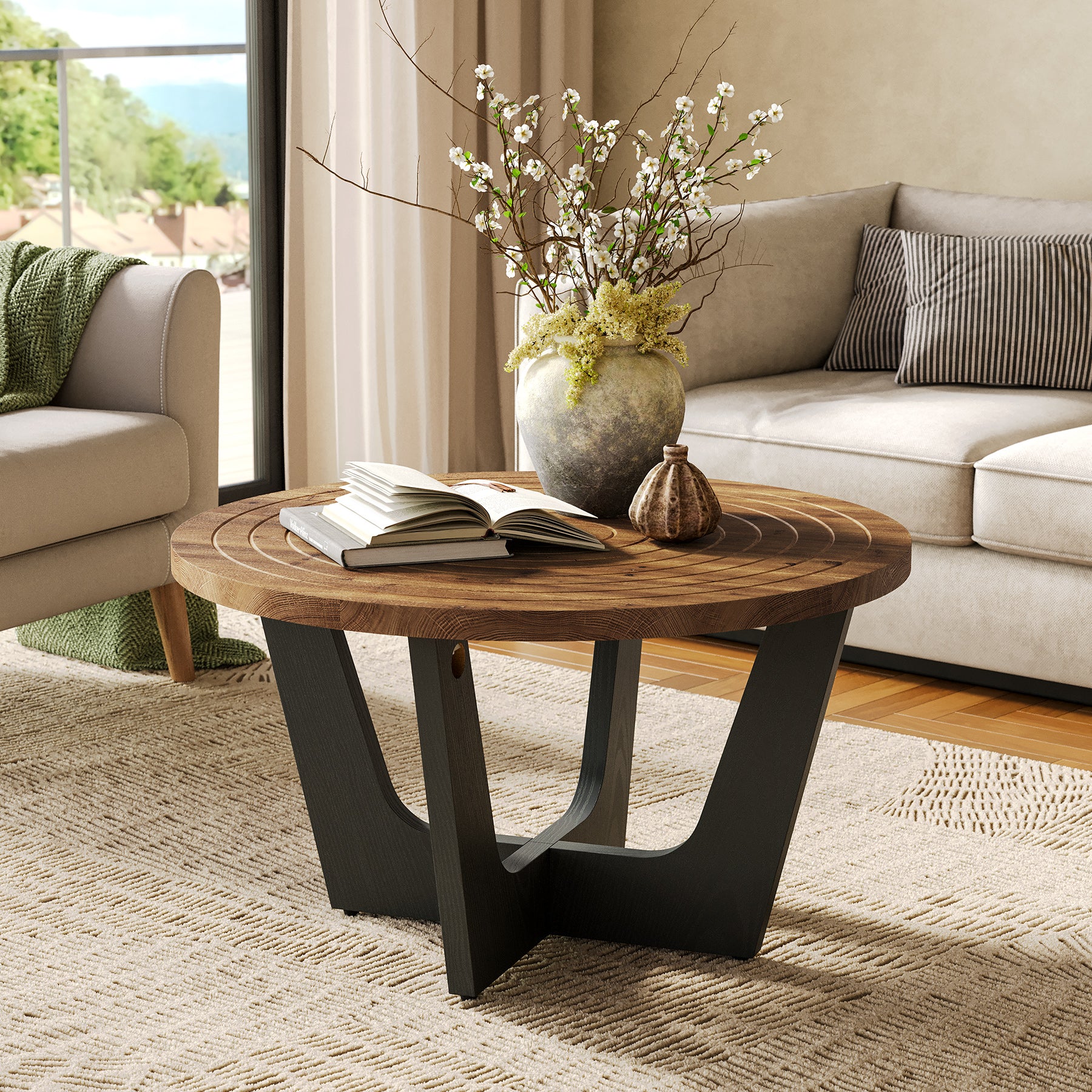 31.5-Inch Round Solid Wood Coffee Table with Ring Groove - Image 4