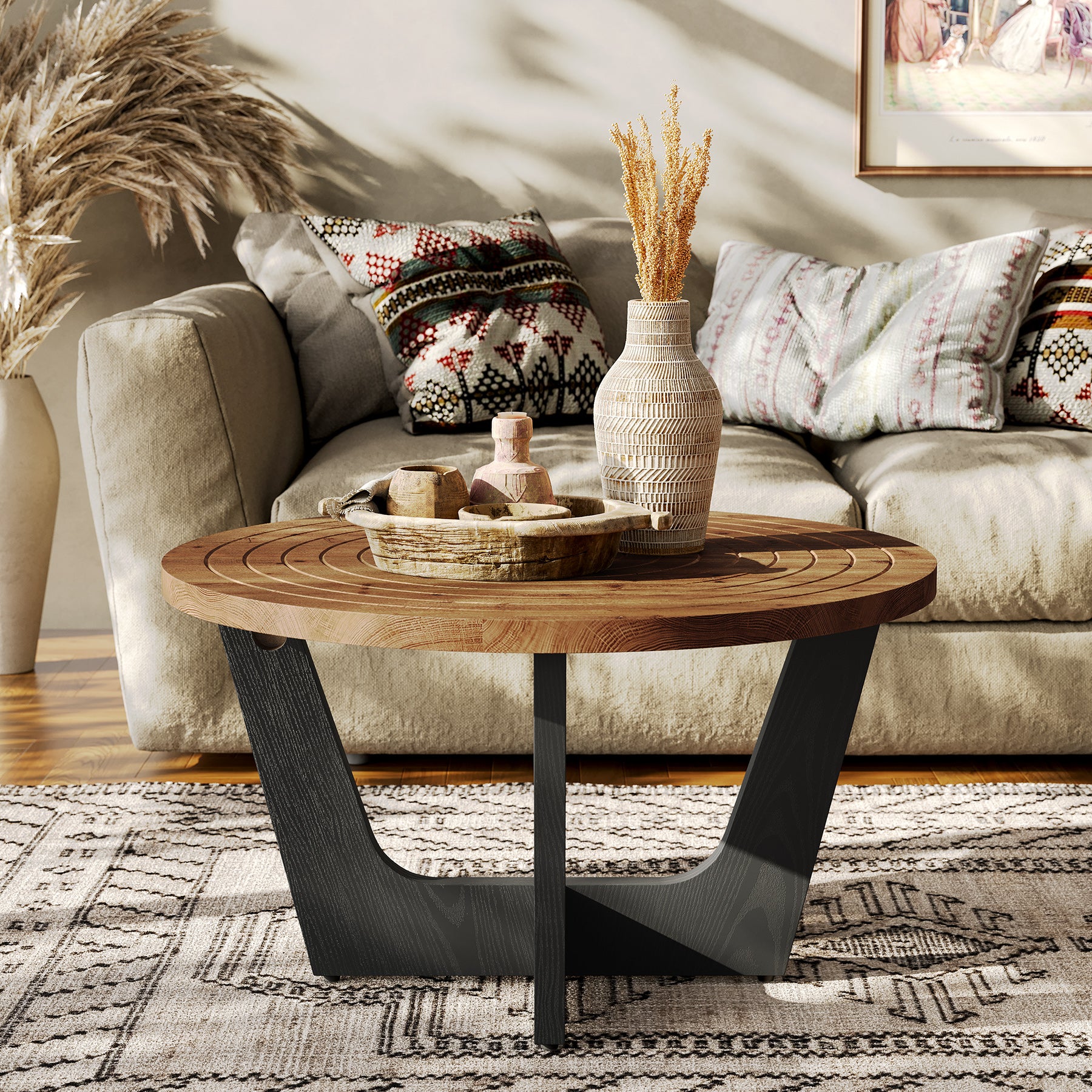 31.5-Inch Round Solid Wood Coffee Table with Ring Groove - Image 5