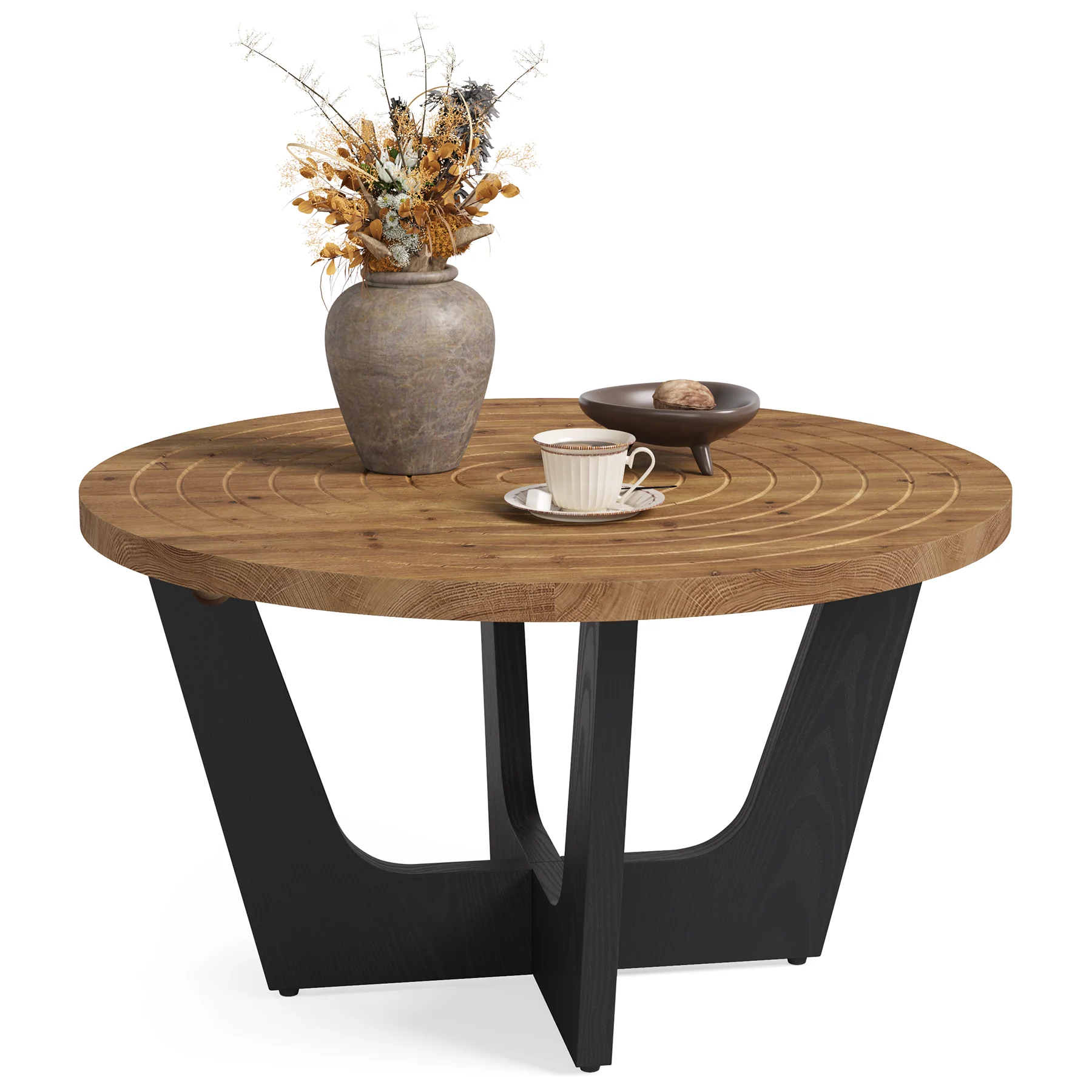31.5-Inch Round Solid Wood Coffee Table with Ring Groove - Image 9