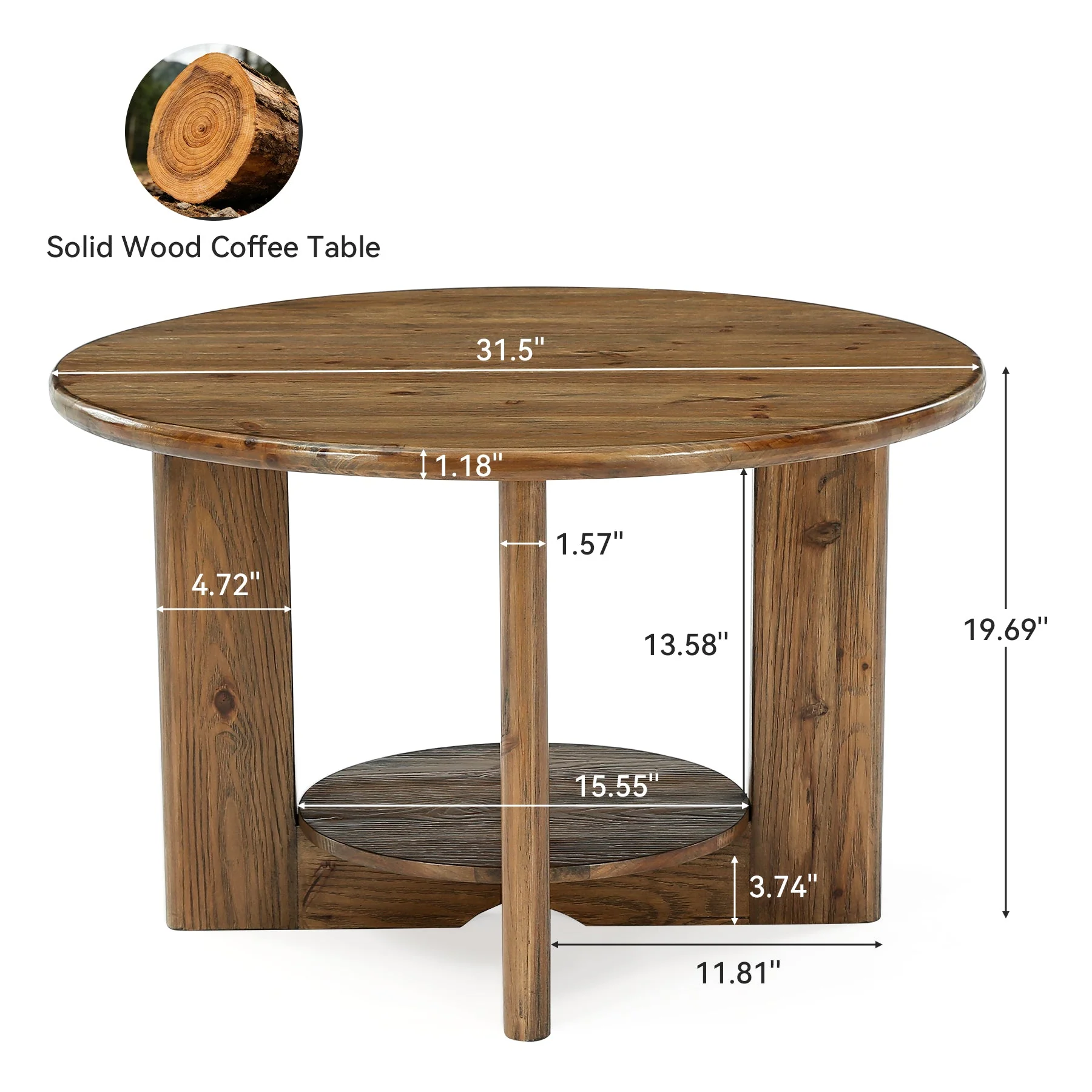 31.5-Inch Solid Wood Round Coffee Table, 2-Tier Farmhouse Circle Center Table with Storage - Image 2