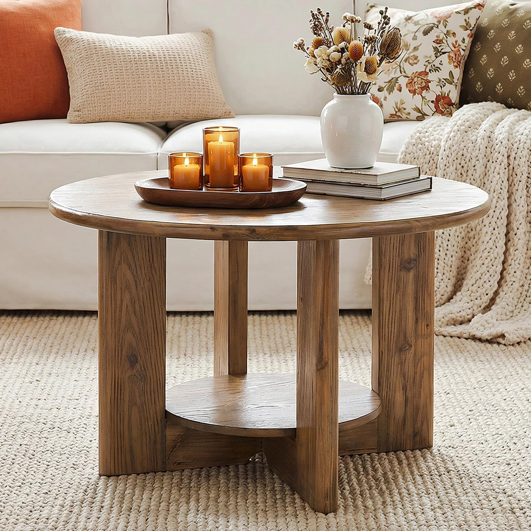 31.5-Inch Solid Wood Round Coffee Table, 2-Tier Farmhouse Circle Center Table with Storage - Image 3