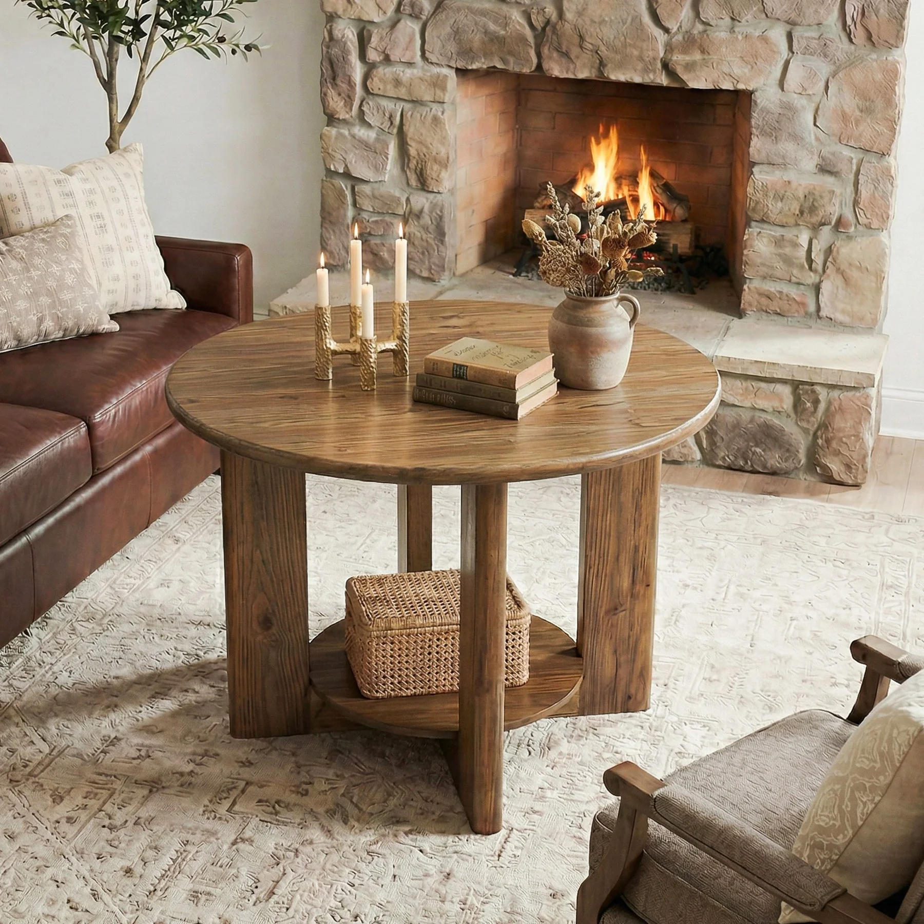 31.5-Inch Solid Wood Round Coffee Table, 2-Tier Farmhouse Circle Center Table with Storage - Image 4