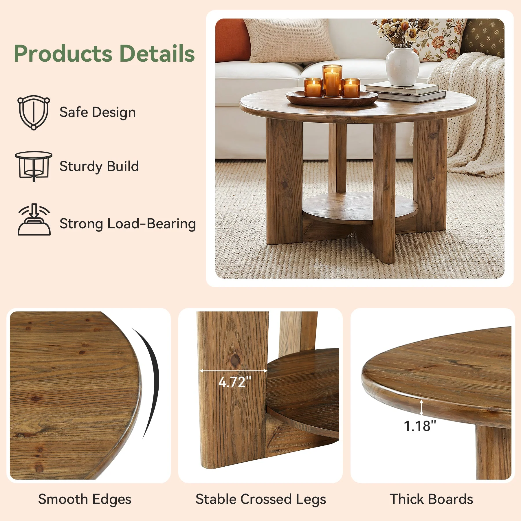 31.5-Inch Solid Wood Round Coffee Table, 2-Tier Farmhouse Circle Center Table with Storage - Image 5