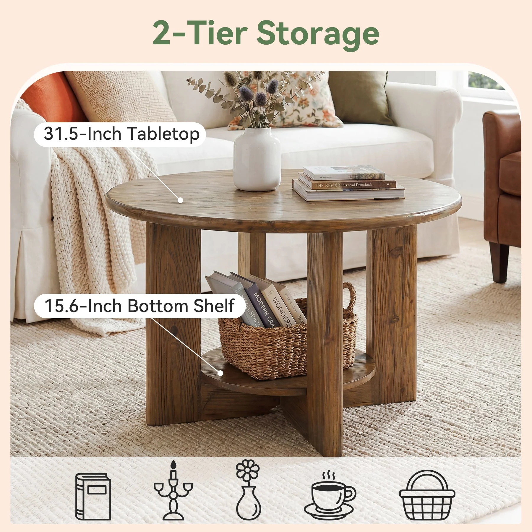 31.5-Inch Solid Wood Round Coffee Table, 2-Tier Farmhouse Circle Center Table with Storage - Image 6