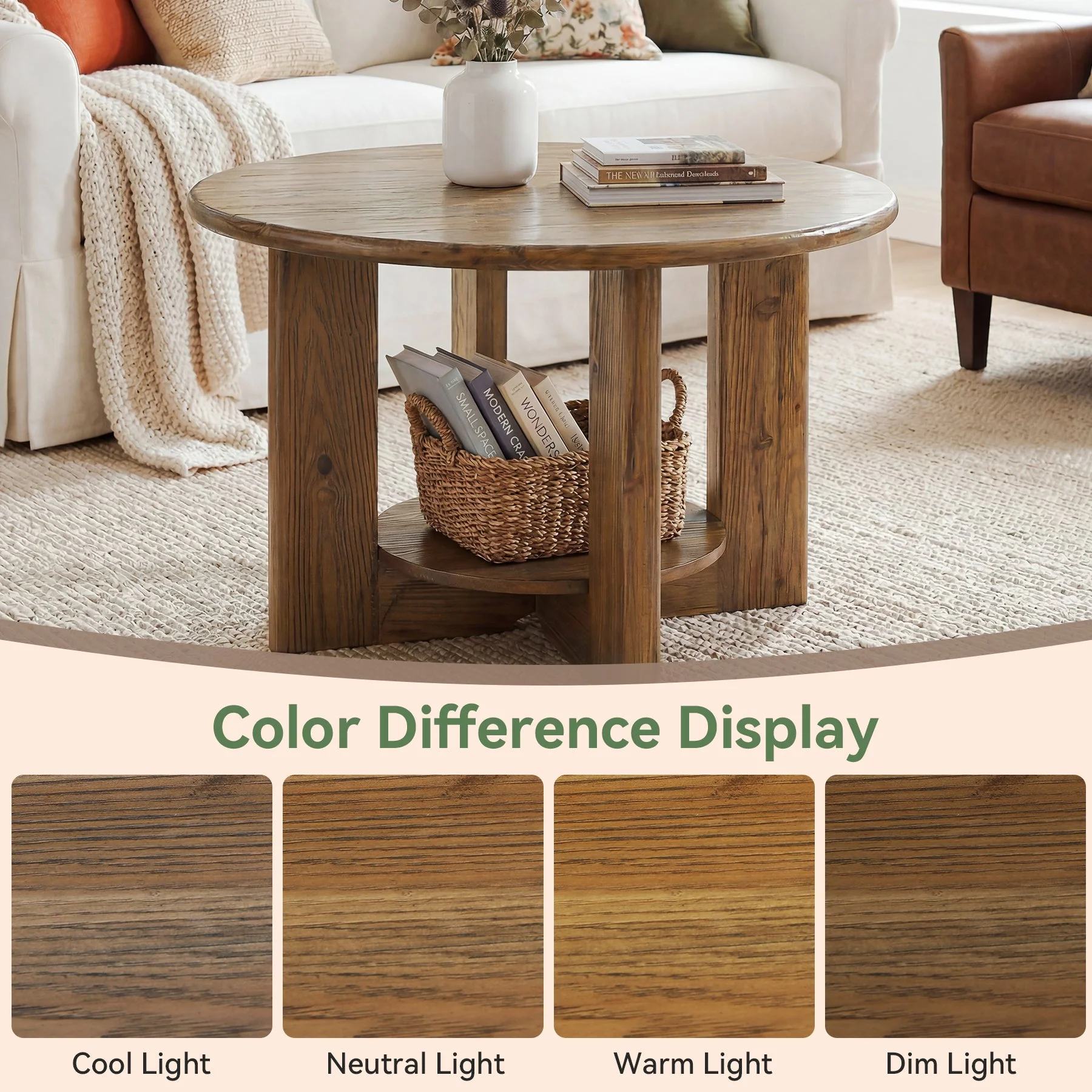 31.5-Inch Solid Wood Round Coffee Table, 2-Tier Farmhouse Circle Center Table with Storage - Image 8
