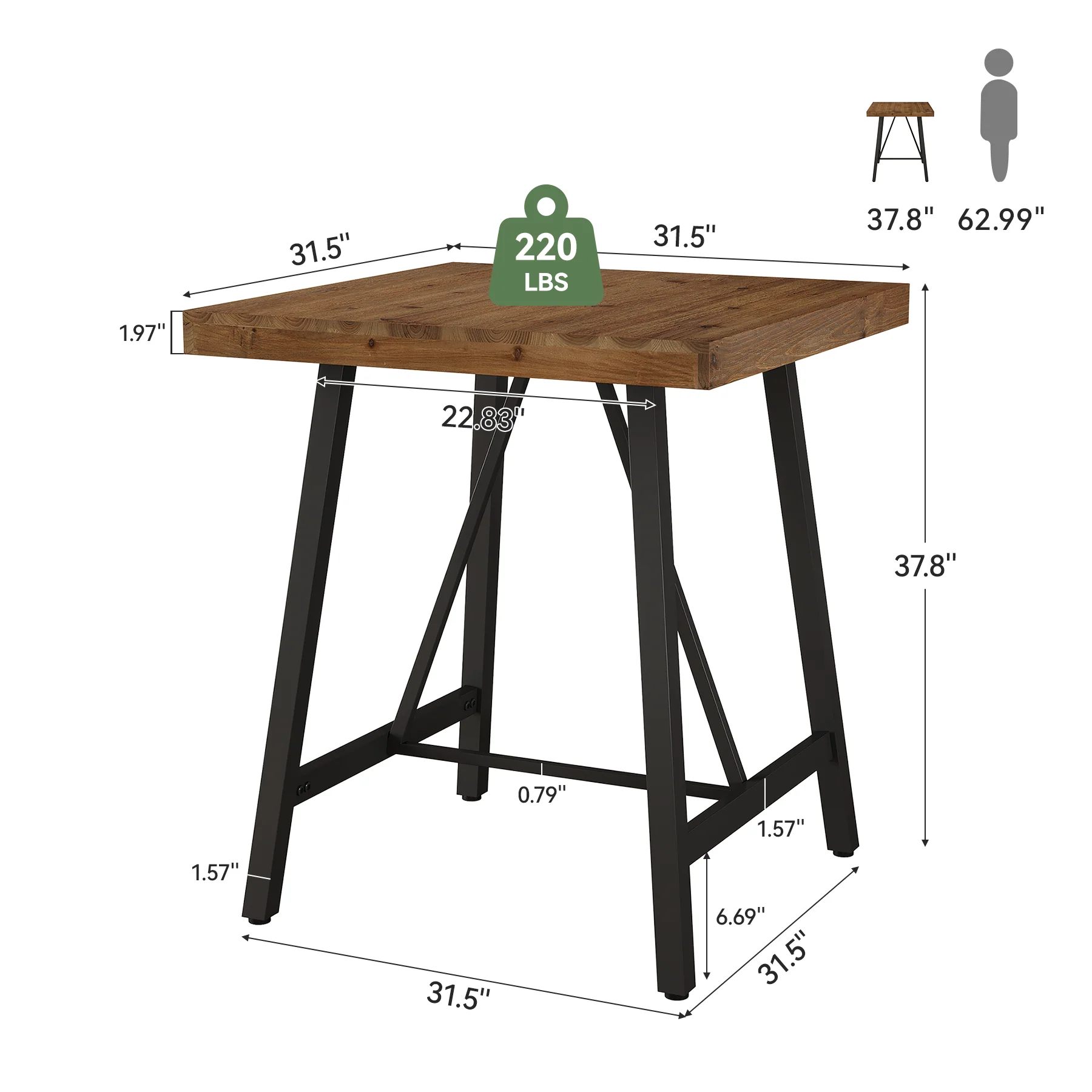 Tribesigns 31.5-Inch Square Bar Table with Solid Wood Top and Metal Footrest, Industrial Pub Table for Home Bar Kitchen and Cafe - Image 2