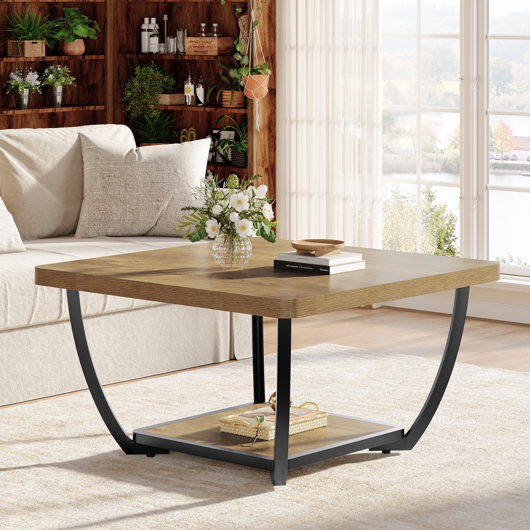 Tribesigns 31.5" Square Coffee Table with Storage Shelves, 2-Tier Accent Table with Arc Metal Frame - Image 3