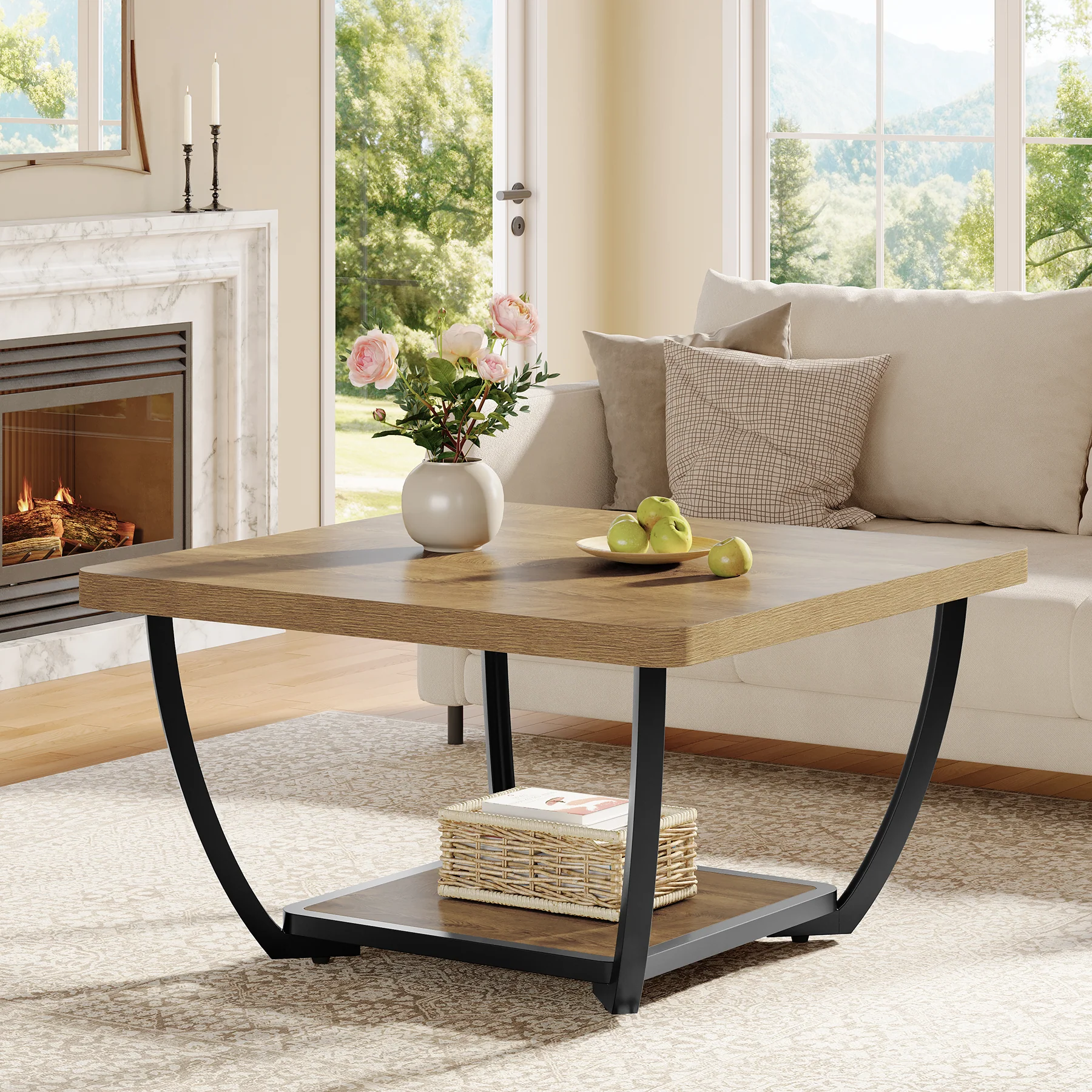 Tribesigns 31.5" Square Coffee Table with Storage Shelves, 2-Tier Accent Table with Arc Metal Frame - Image 4
