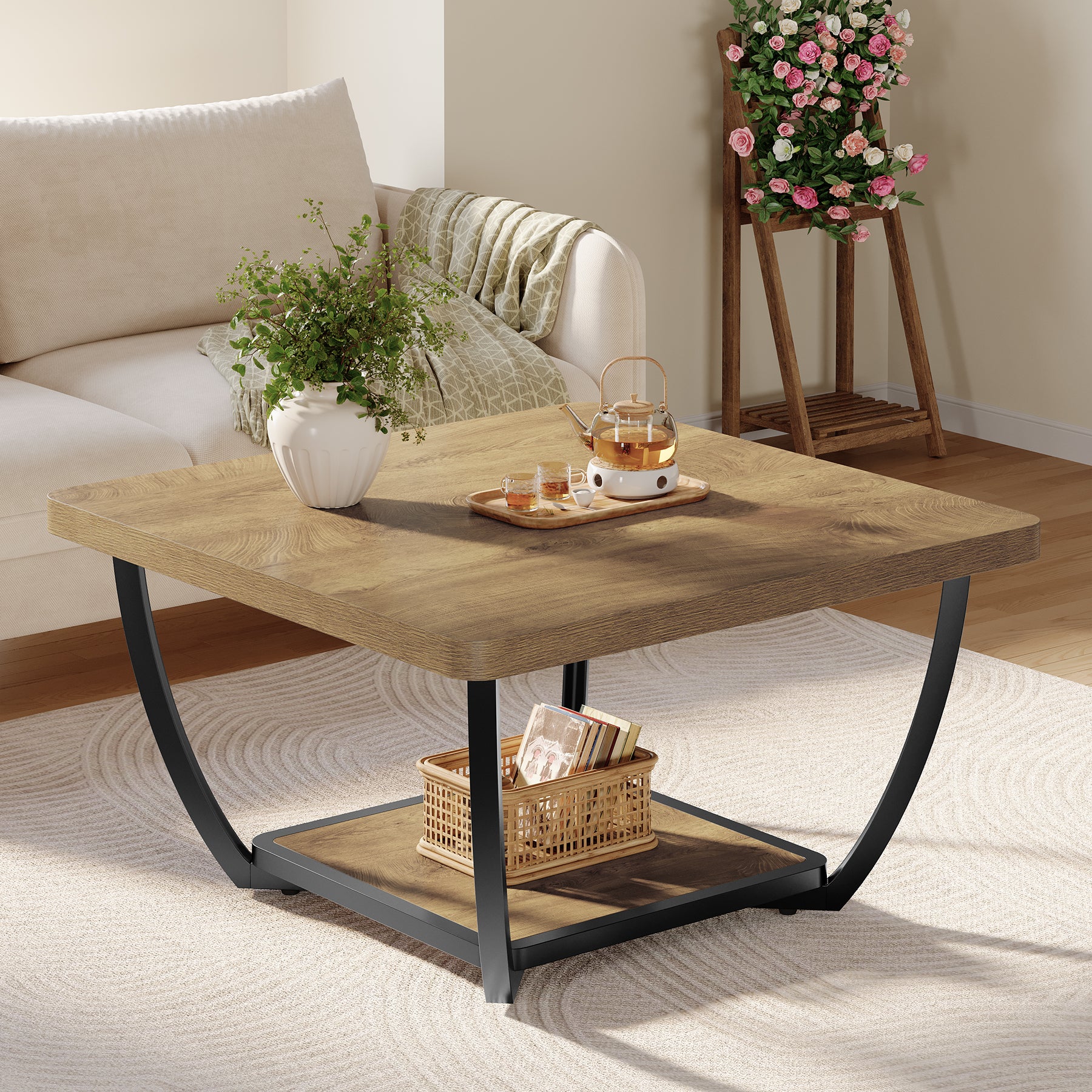 Tribesigns 31.5" Square Coffee Table with Storage Shelves, 2-Tier Accent Table with Arc Metal Frame - Image 5