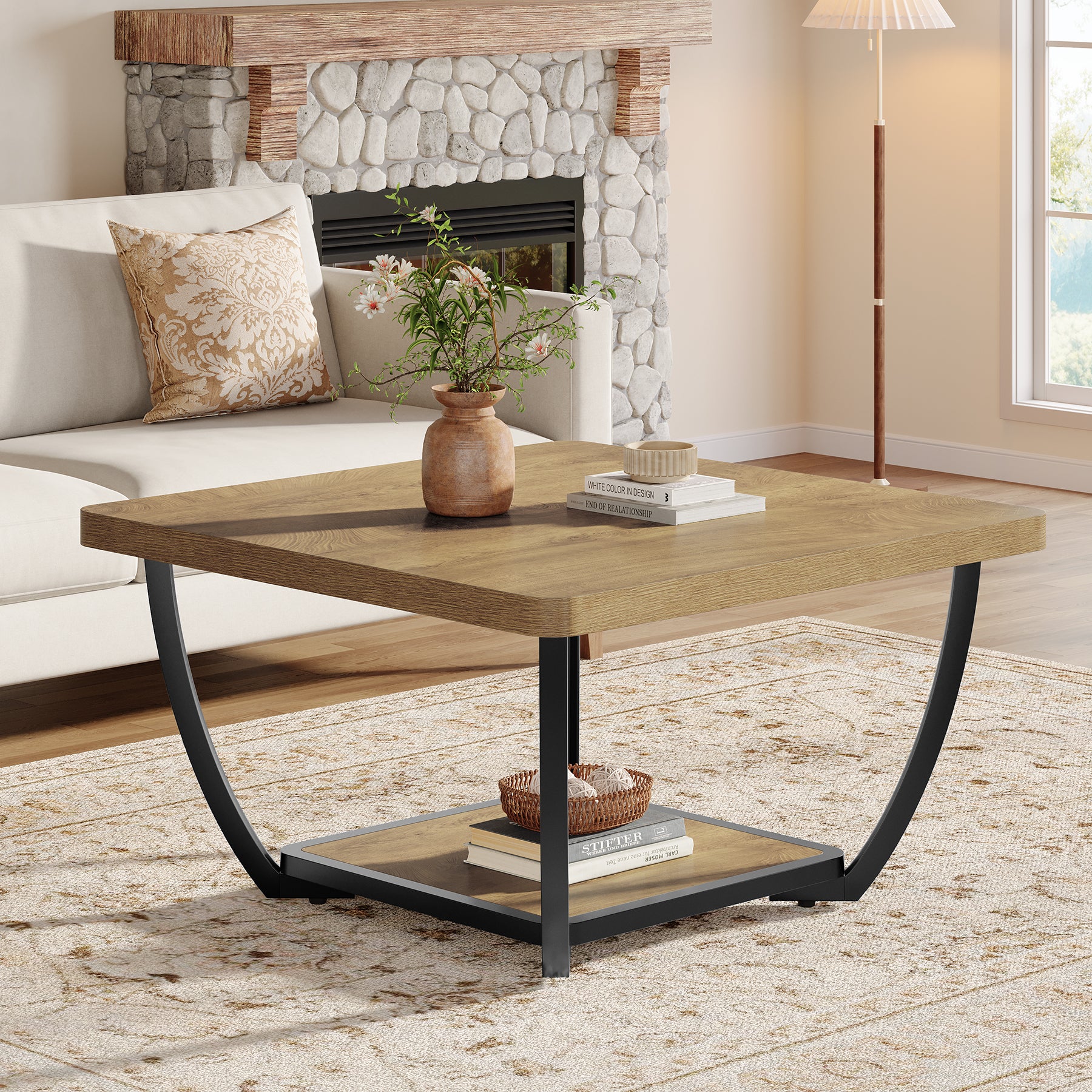 Tribesigns 31.5" Square Coffee Table with Storage Shelves, 2-Tier Accent Table with Arc Metal Frame - Image 6