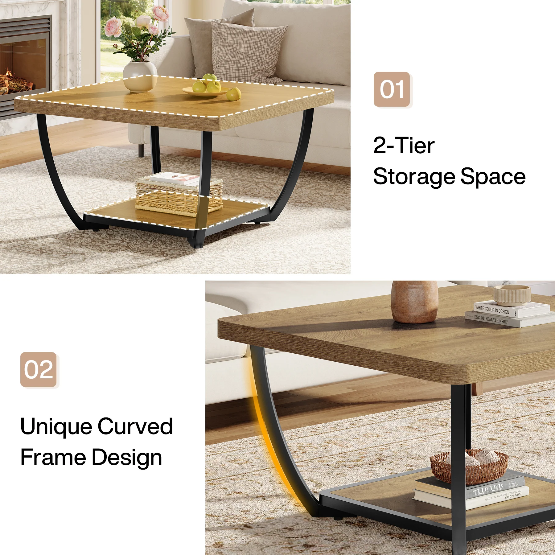 Tribesigns 31.5" Square Coffee Table with Storage Shelves, 2-Tier Accent Table with Arc Metal Frame - Image 7