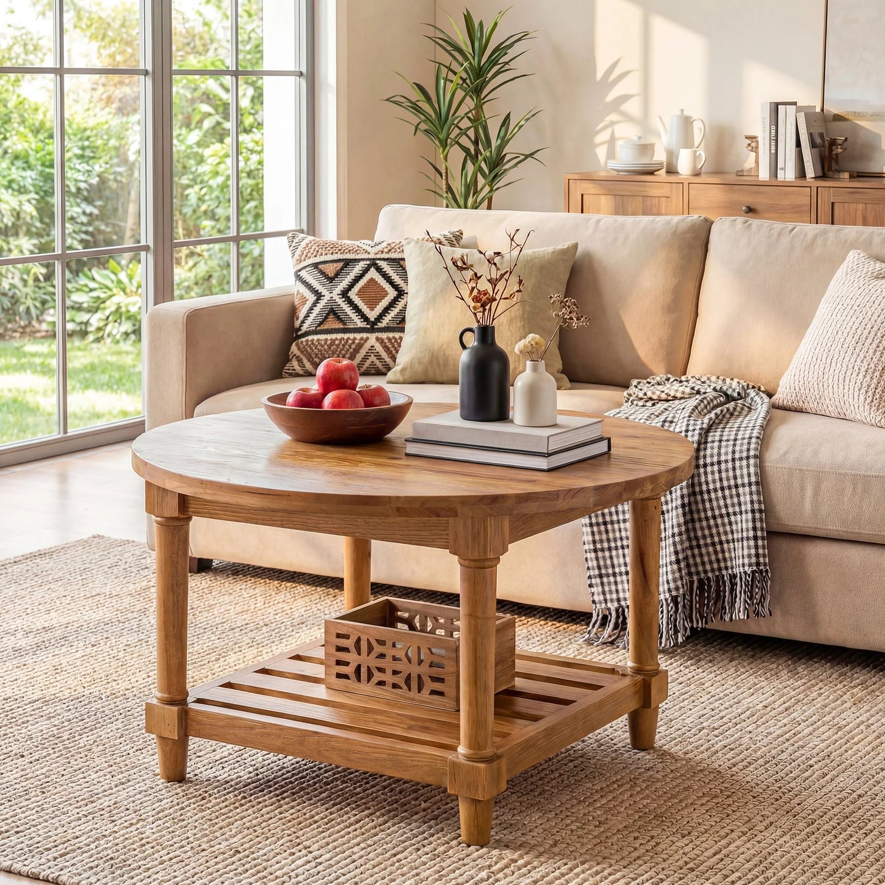 31.5" Round Solid Wood, 2-Tier Coffee Table with Storage - Image 3