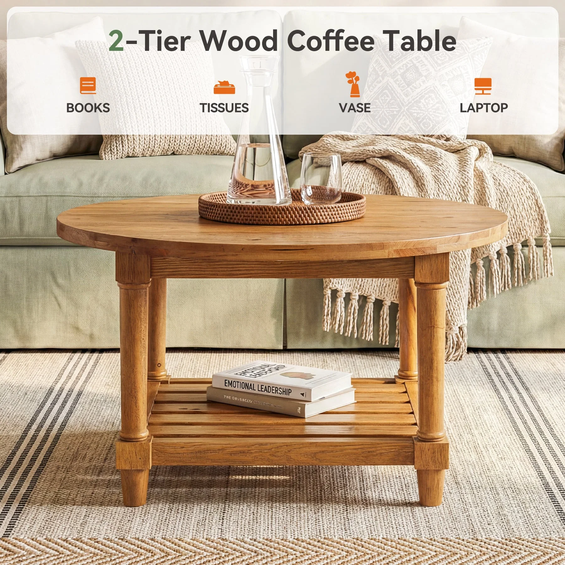 31.5" Round Solid Wood, 2-Tier Coffee Table with Storage - Image 7