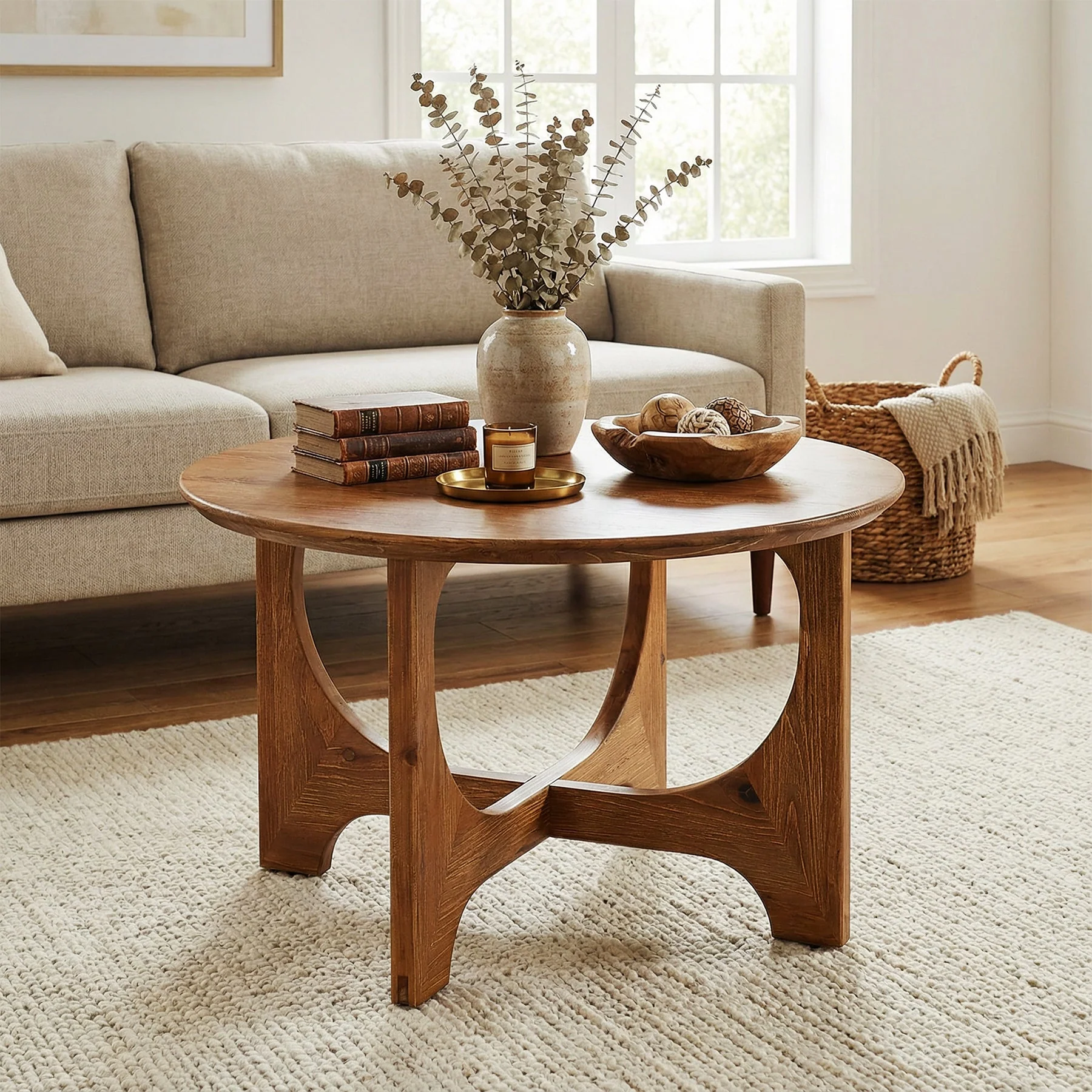 31.5" Round Solid Wood Farmhouse Coffee Table, Rustic Brown Small Space - Image 4