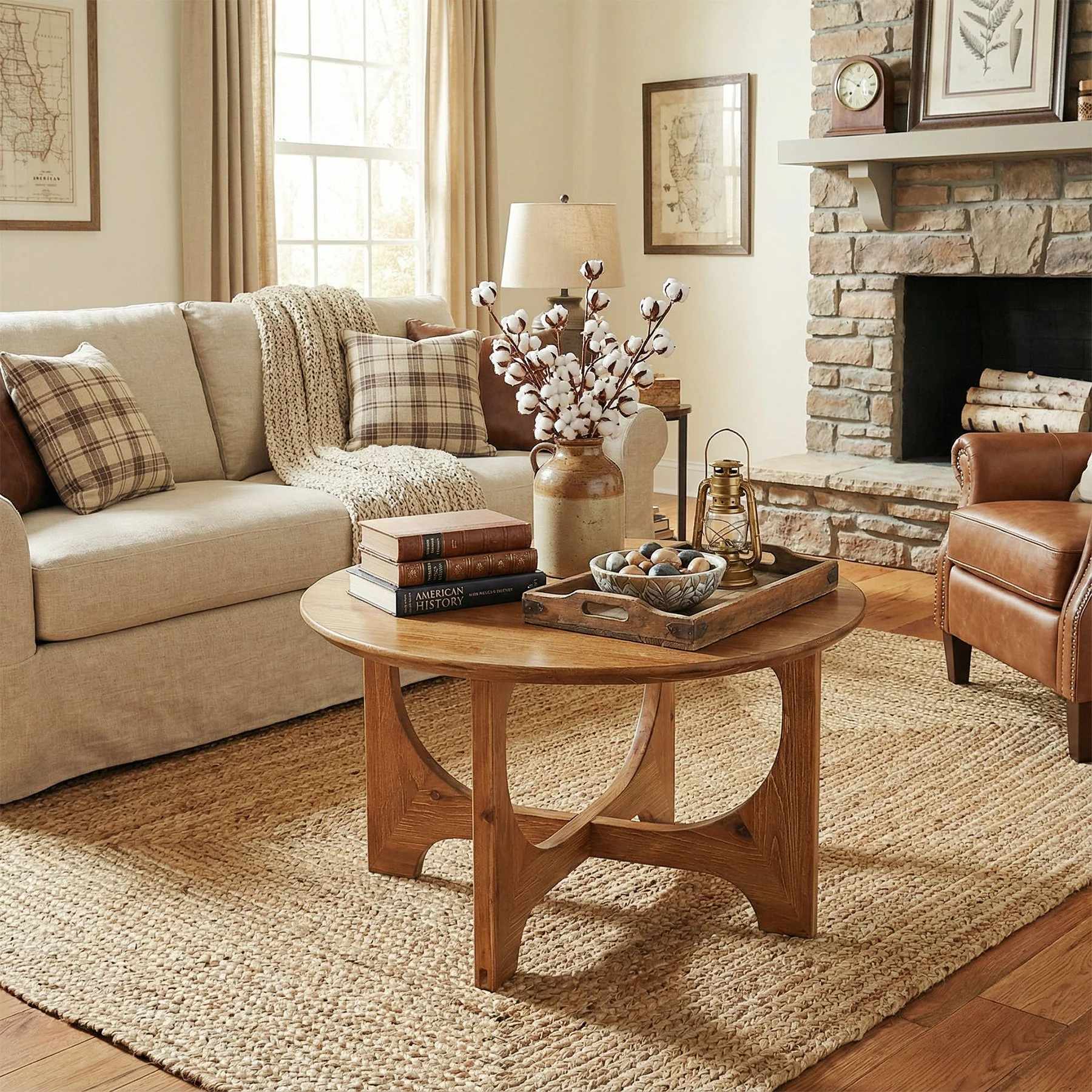 31.5" Round Solid Wood Farmhouse Coffee Table, Rustic Brown Small Space - Image 6